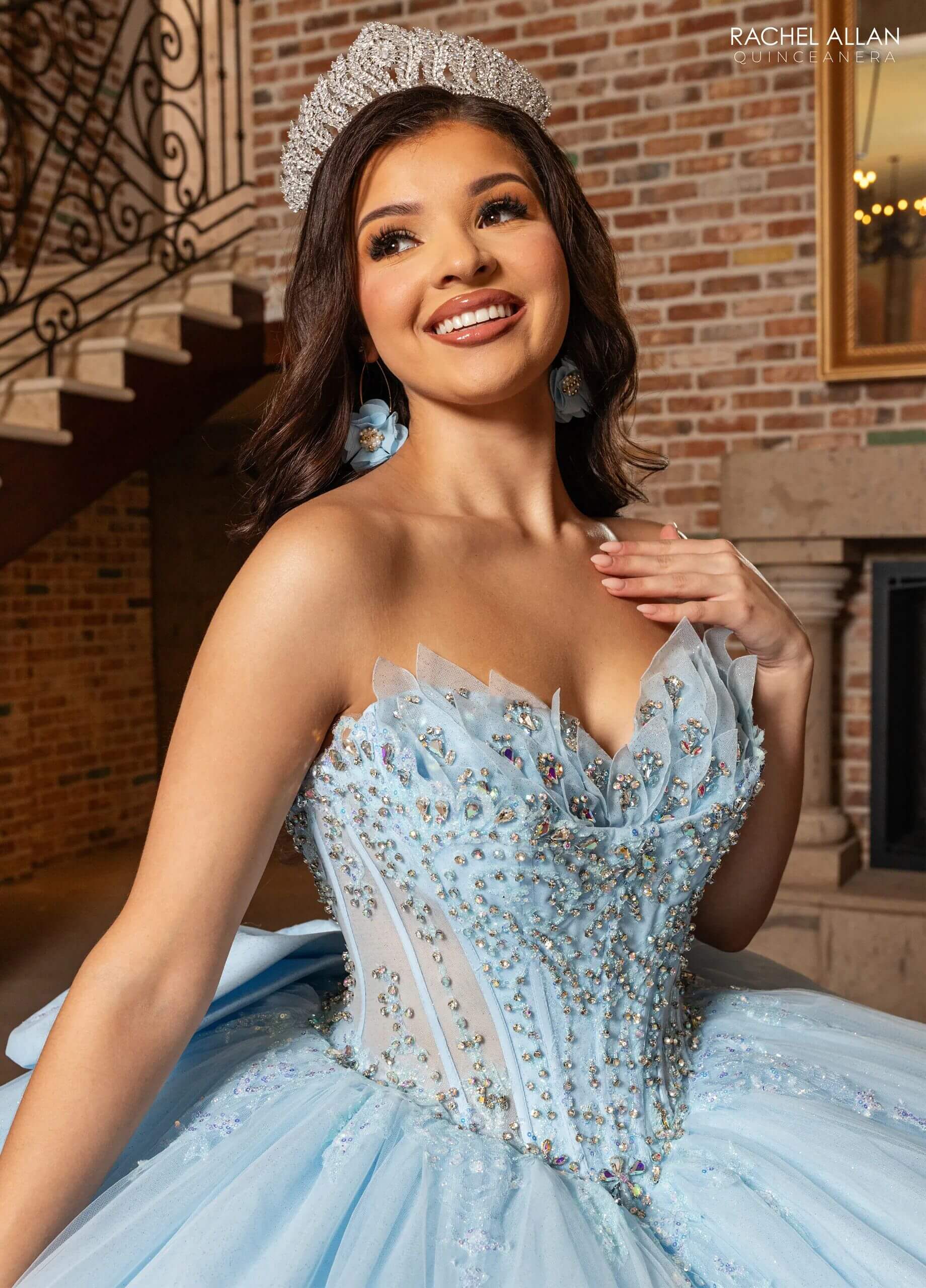 Light Blue Off the Shoulder Floor Length Glitter Tulle Quinceanera Ruffle Hem Ball Gown Rachel Allan RQ2243