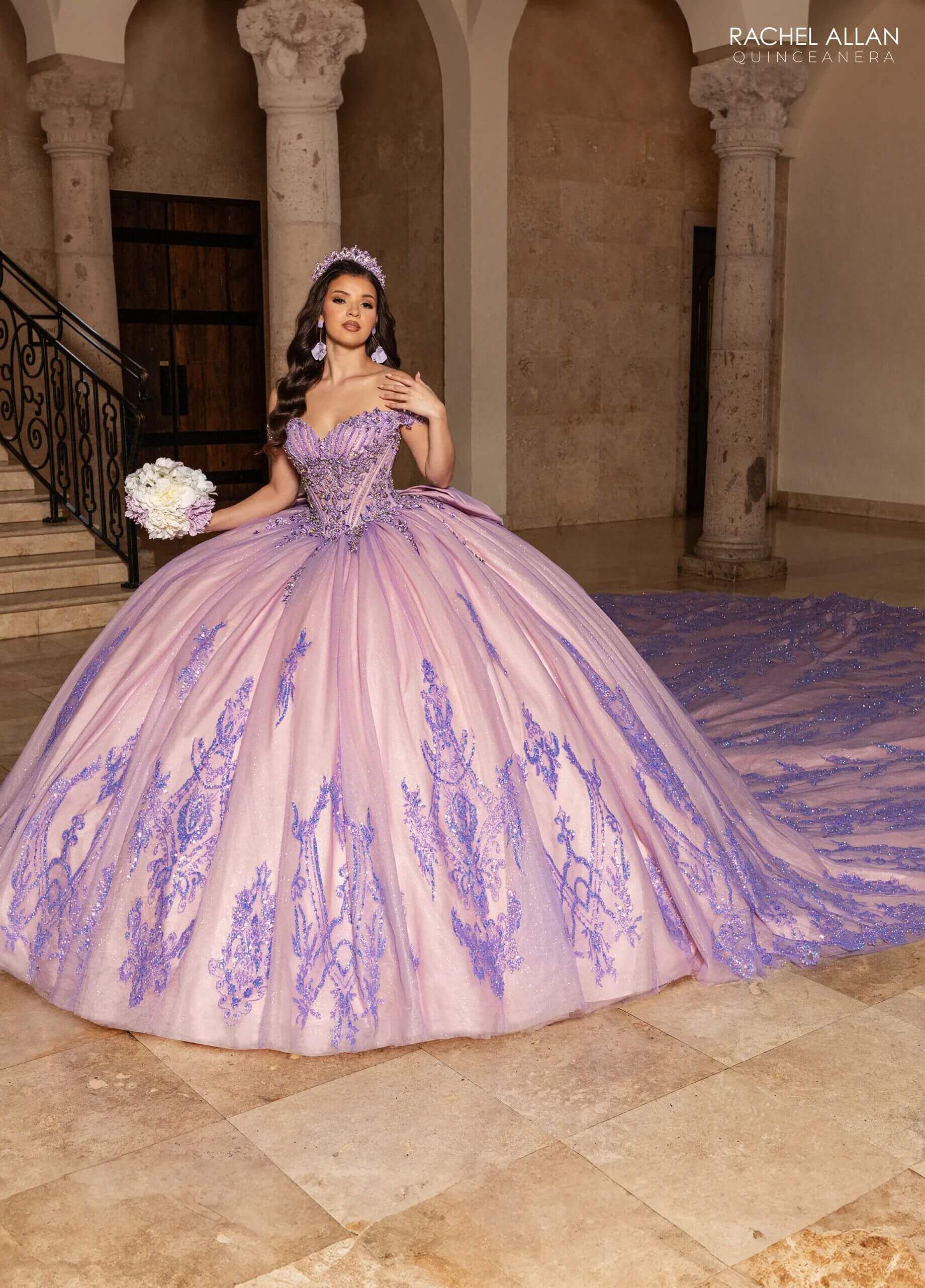 Lilac Rose Pink Off the Shoulder Floor Length Glitter Tulle Quinceanera Ball Gown Rachel Allan RQ2247