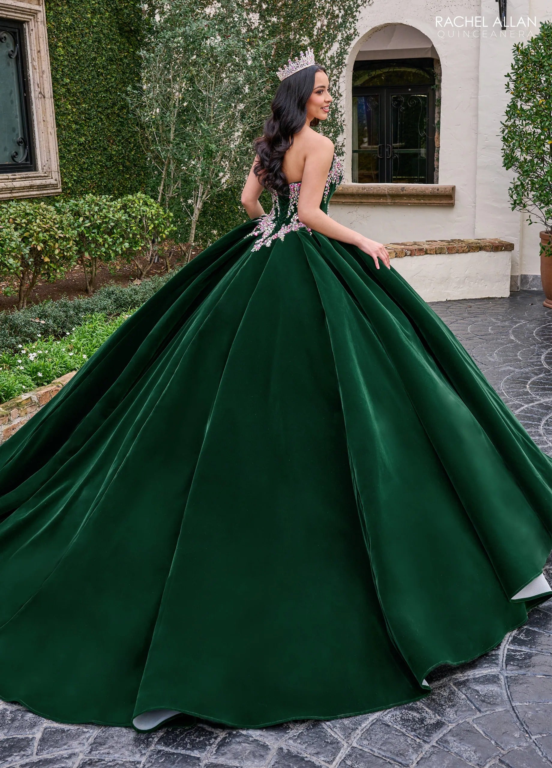 Emerald Multi Sweetheart Floor Length Velvet Quinceanera Ball Gown with Floral Embroidery Rachel Allan RQ2198
