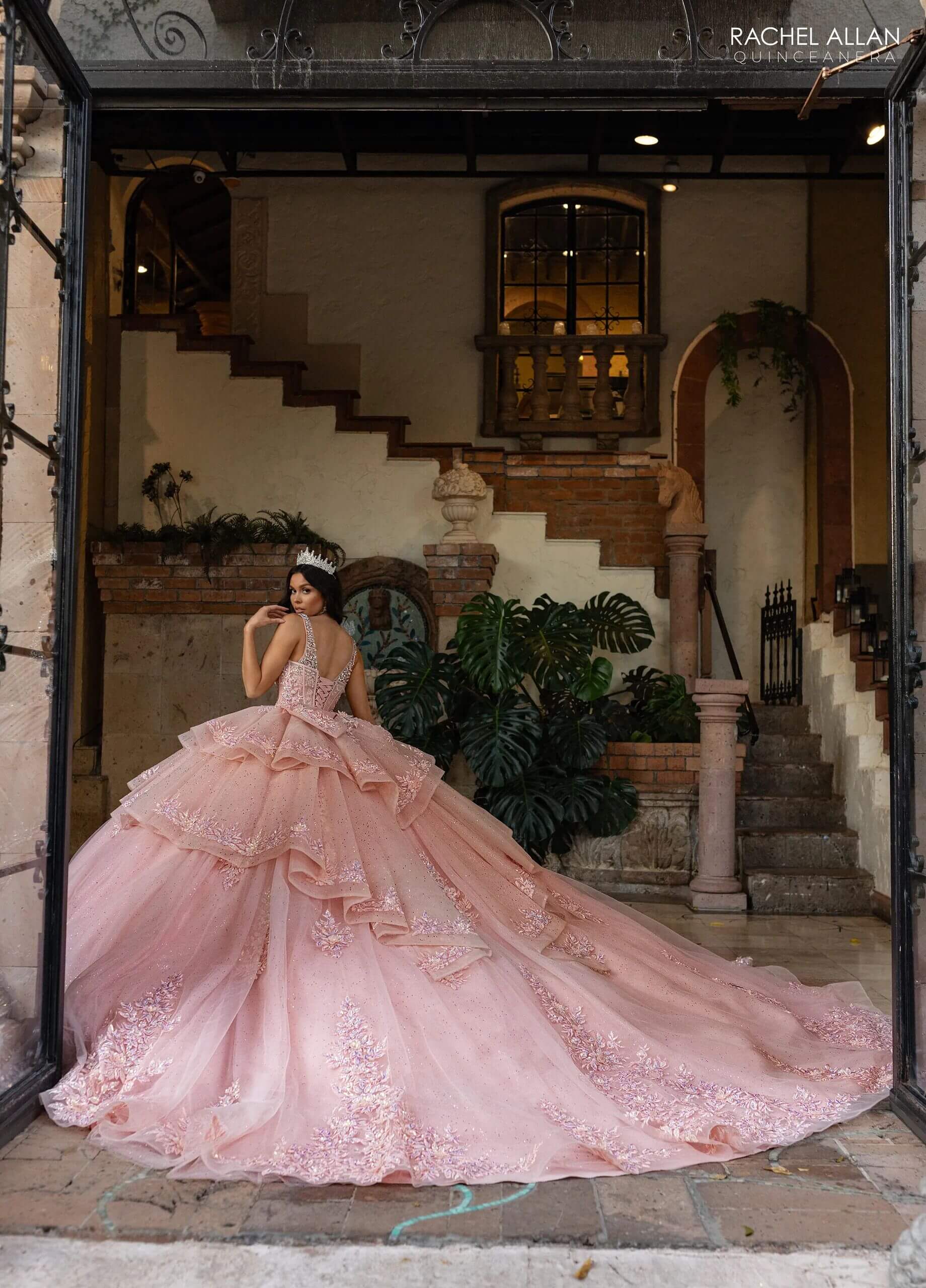 Blush Sweetheart Floor Length Glitter Tulle Quinceanera Ball Gown with Tiered Overskirt and Corset Overlay Rachel Allan RQ3158
