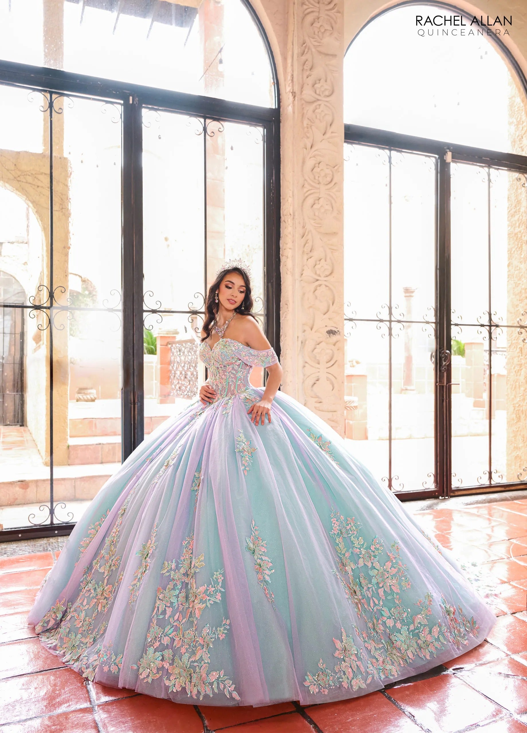 Lilac Aqua Sweetheart Floor Length Glitter Tulle Quinceanera Ball Gown Rachel Allan RQ2200