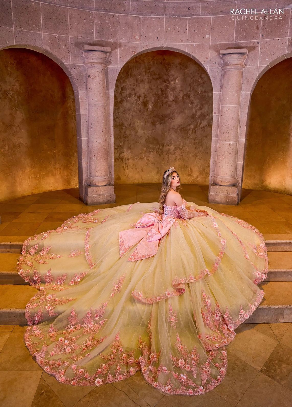 Pink Champagne Off the Shoulder Floor Length Glitter Tulle Quinceanera Ball Gown with Floral Applique Rachel Allan RQ2196