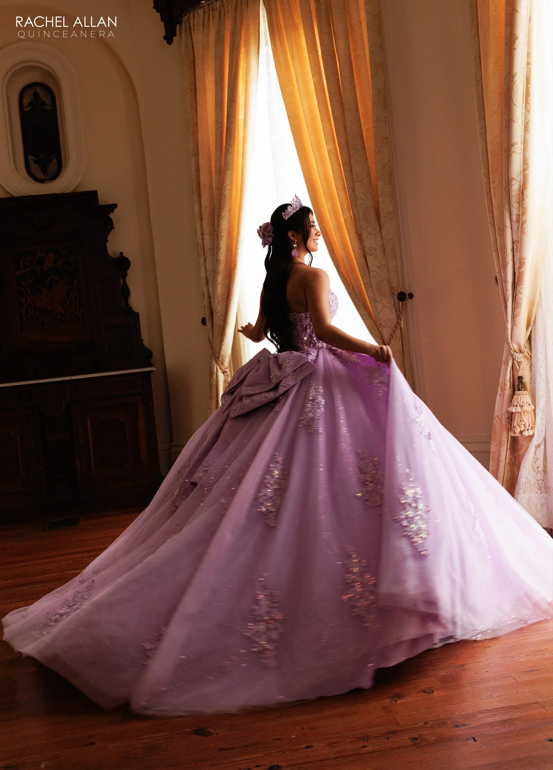Lilac Sweetheart Floor-Length Glitter Tulle Quinceanera Ball Gown with Detachable Feather Sleeves Rachel Allan RQ2171