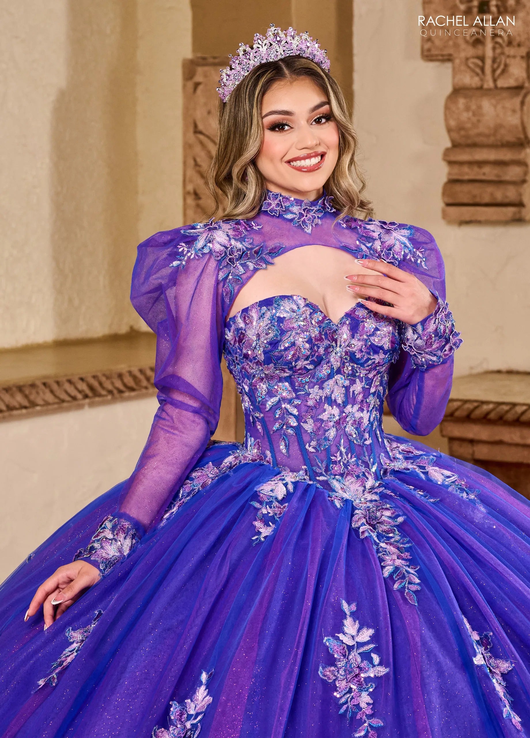 Royal Purple Sweetheart Floor Length Glitter Tulle Quinceanera Ball Gown Rachel Allan RQ2200