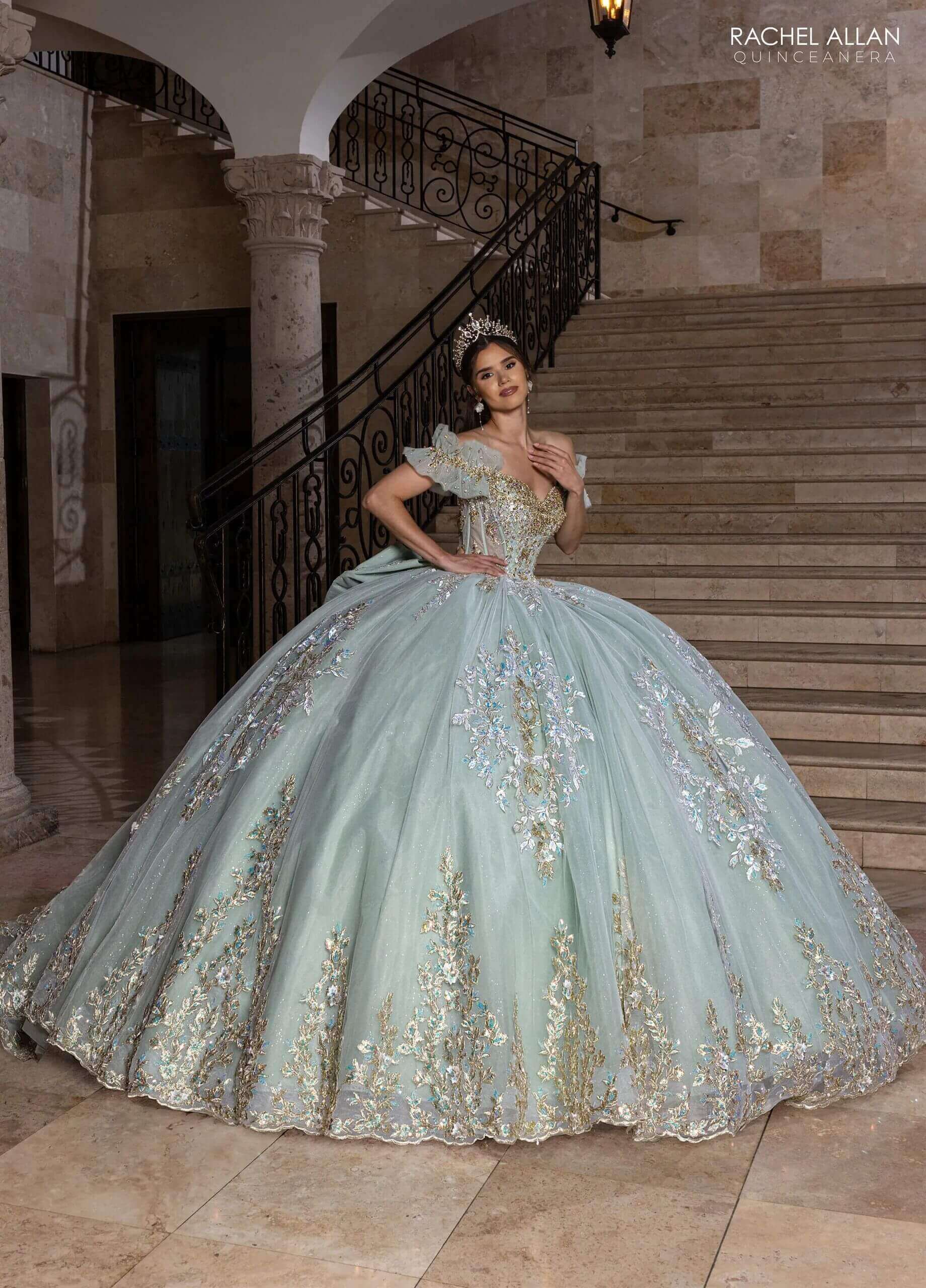Ivory Sage Sweetheart Off the Shoulder Floor Length Glitter Tulle Quinceanera Ball Gown Rachel Allan RQ2240