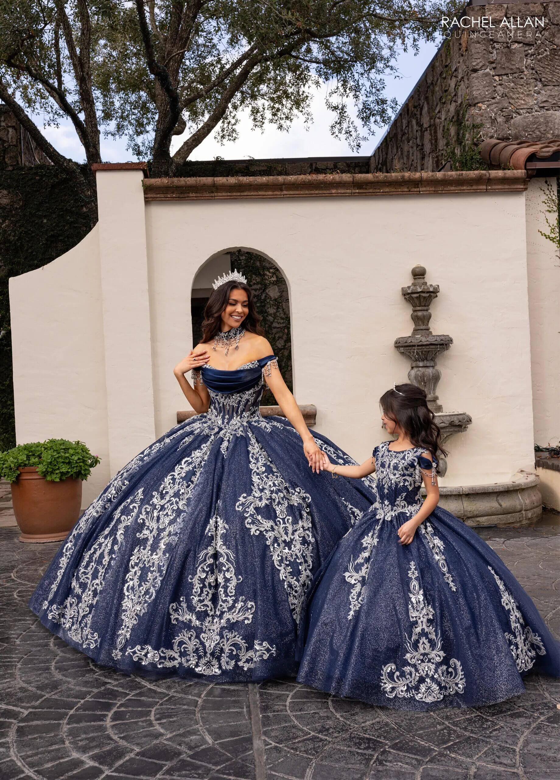 Navy Silver Off the Shoulder Floor Length Glitter Tulle Quinceanera Ball Gown with Regal Applique Detachable Necklace and Bodice Liner Rachel Allan RQ2230