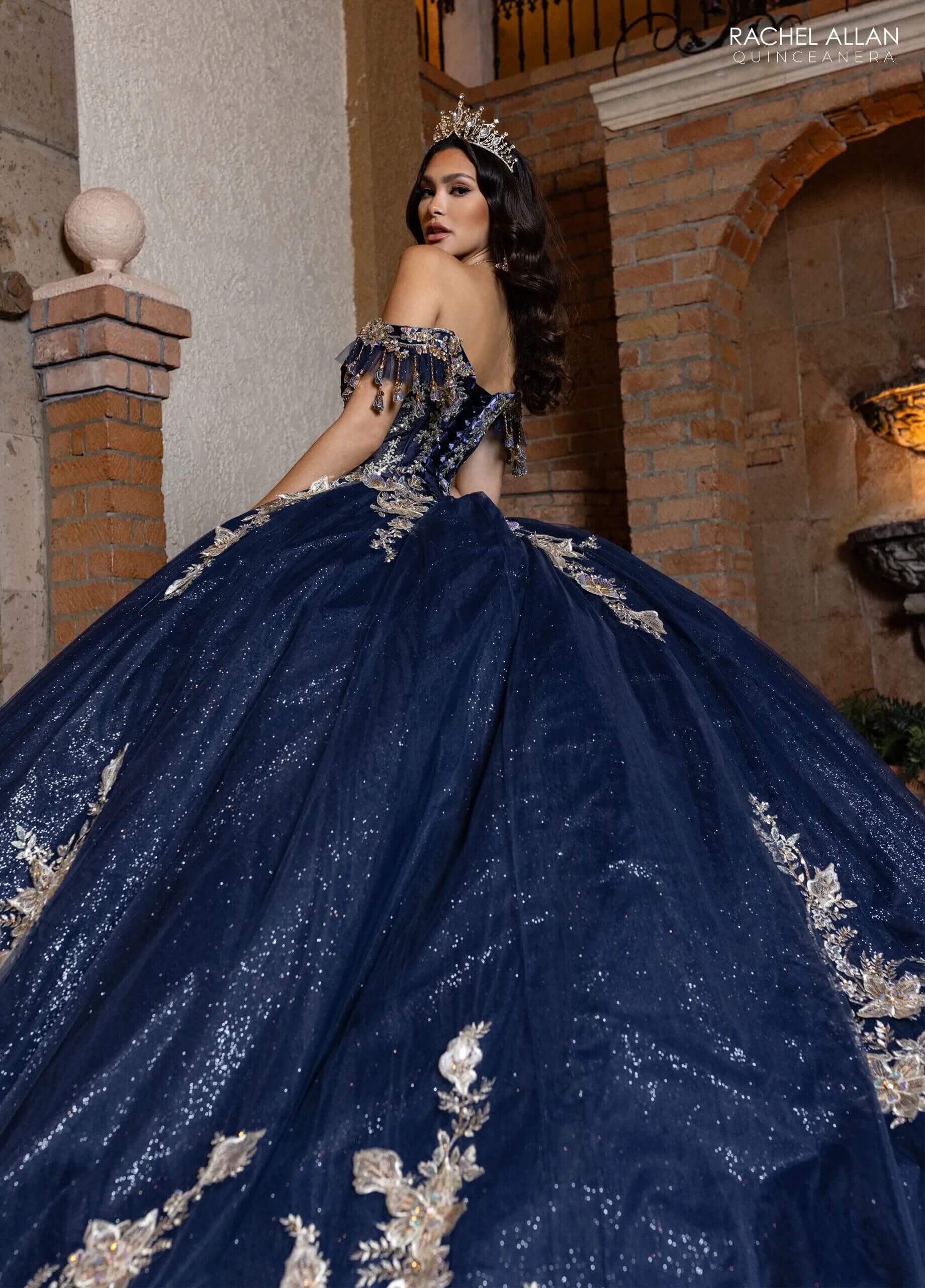 Navy Gold Off the Shoulder Floor Length Glitter Tulle Quinceanera Ball Gown with Detachable Necklace and Bodice Liner Rachel Allan RQ2228