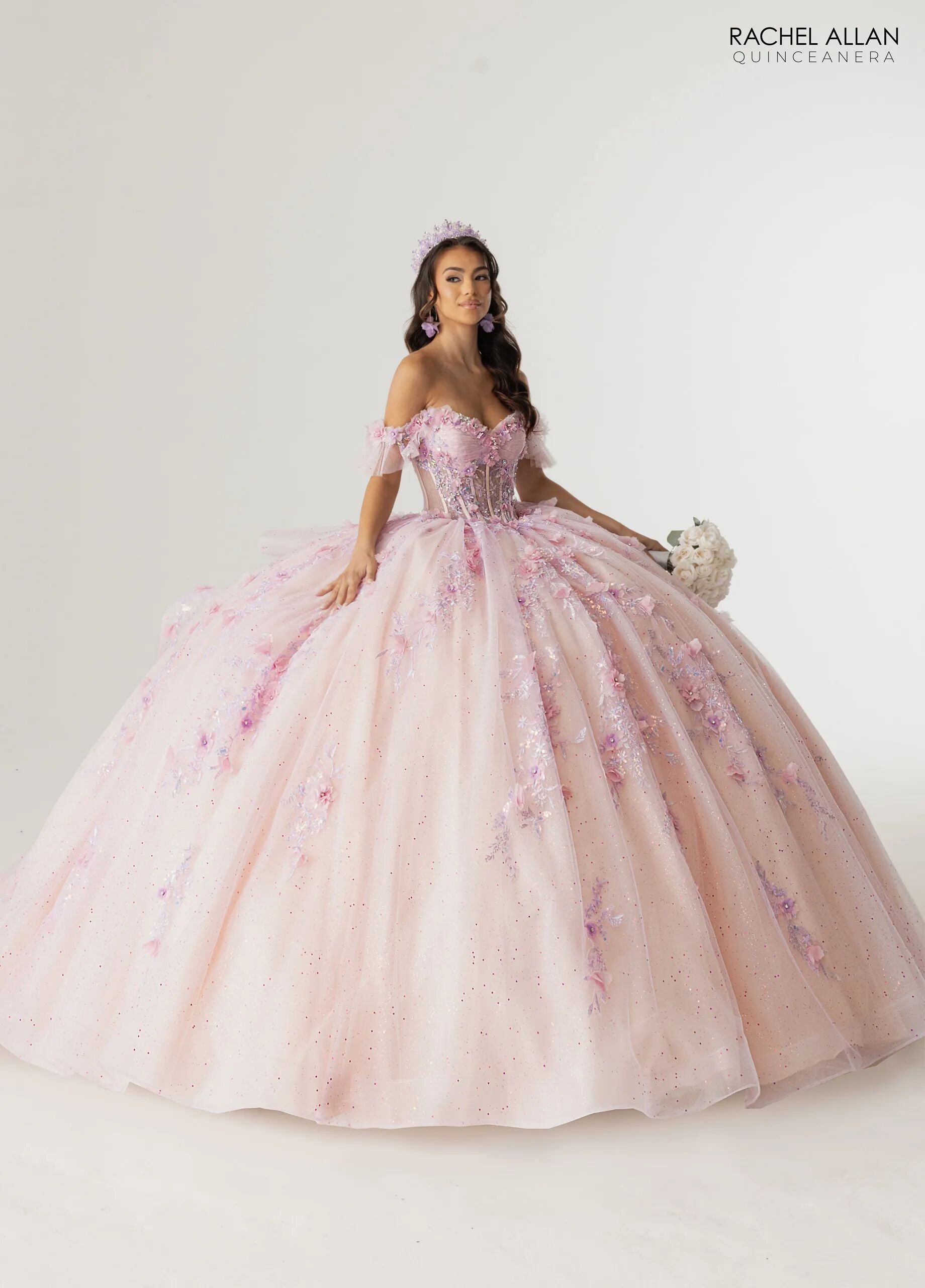 Lilac Blush Sweetheart Floor Length Glitter Tulle Quinceanera 3D Floral Applique Ball Gown Rachel Allan RQ2242