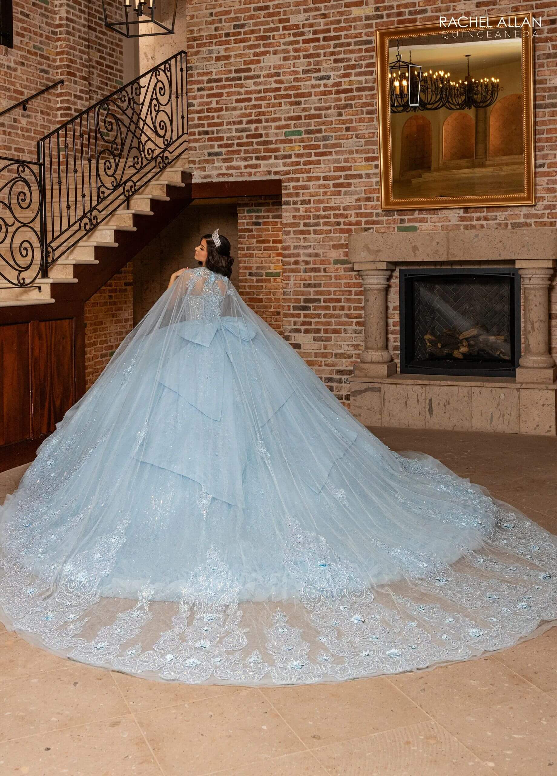 Light Blue Off the Shoulder Floor Length Glitter Tulle Quinceanera Ruffle Hem Ball Gown Rachel Allan RQ2243
