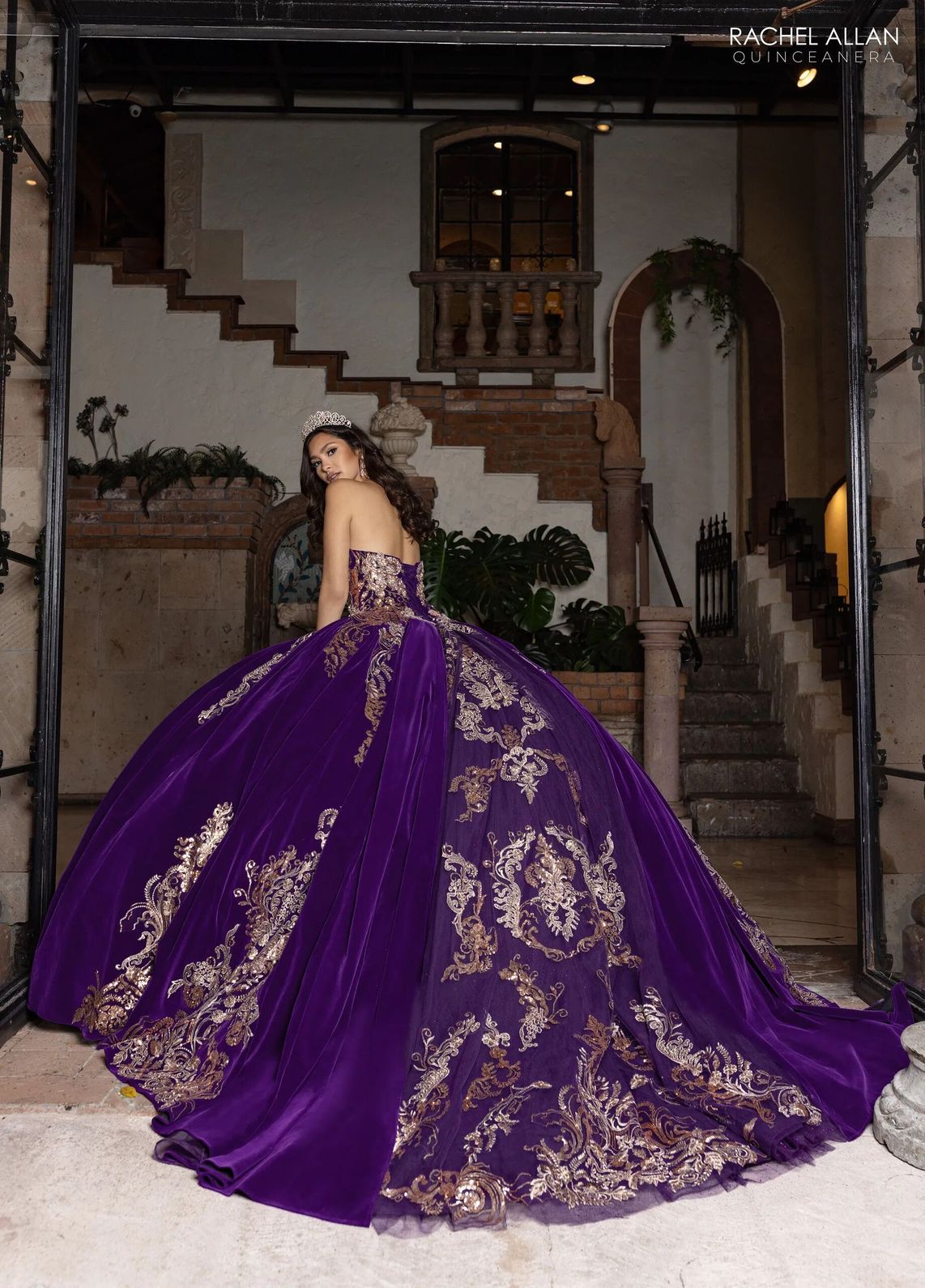 Purple Gold Sweetheart Floor Length Velvet Quinceanera Ball Gown with Metallic Embroidery Rachel Allan RQ3160