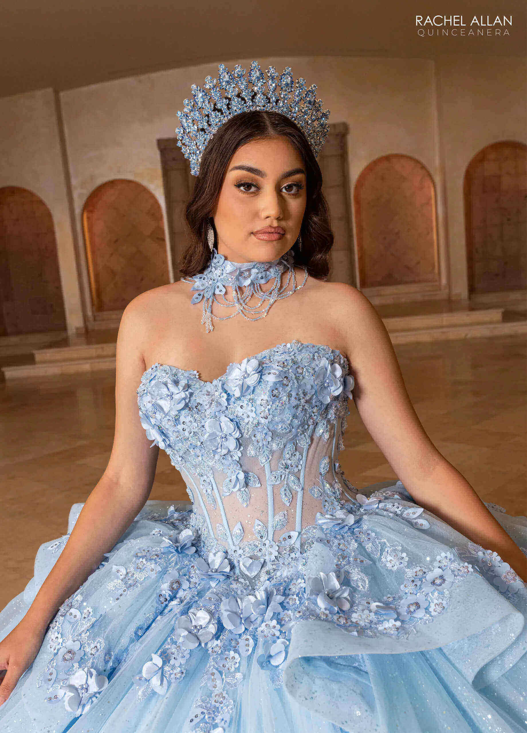 Powder Blue Sweetheart Floor Length Glitter Tulle Quinceanera Ball Gown with 3D Floral Applique Rachel Allan RQ2241