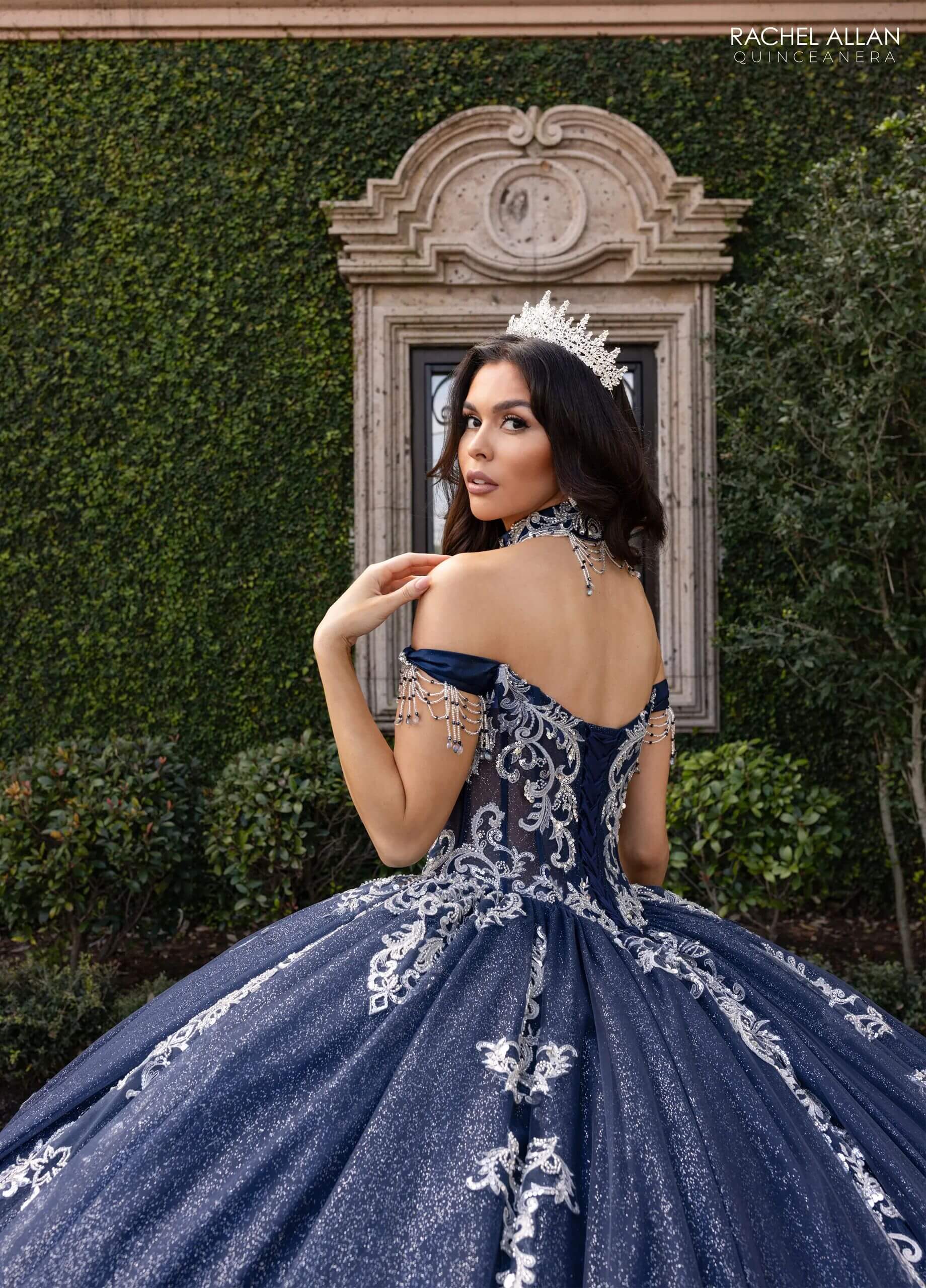 Navy Silver Off the Shoulder Floor Length Glitter Tulle Quinceanera Ball Gown with Regal Applique Detachable Necklace and Bodice Liner Rachel Allan RQ2230