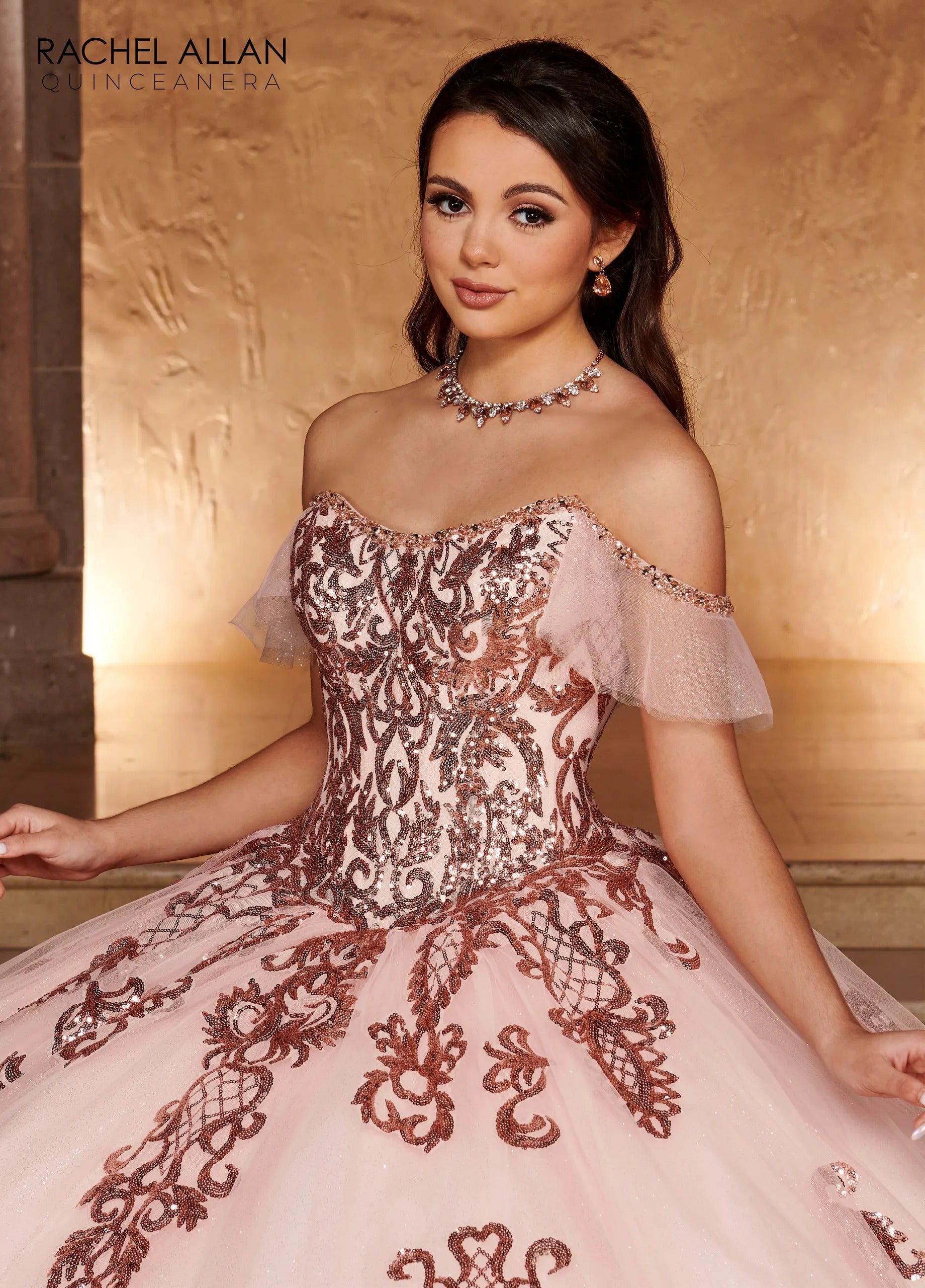 Blush Rose Gold Scoop Neck Floor Length Glitter Tulle Quinceanera Ball Gown with Detachable Bow Rachel Allan RQ2166