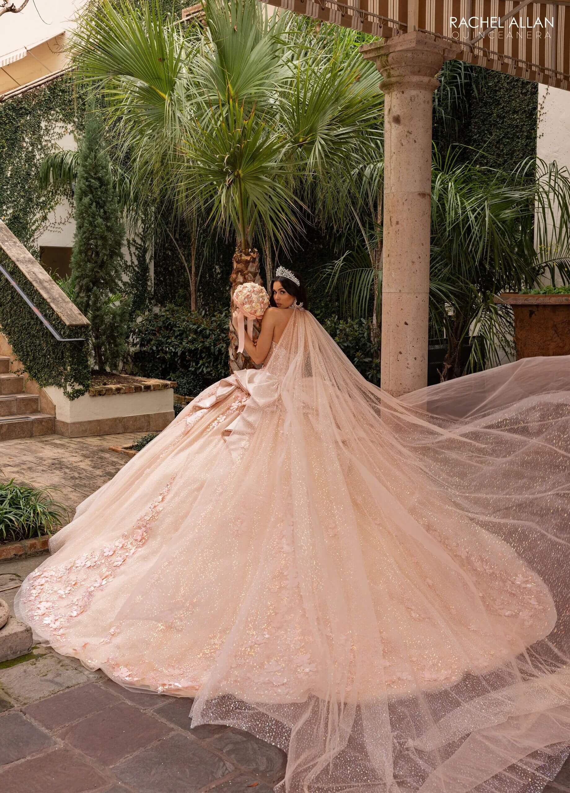 Champagne Sweetheart Floor Length Glitter Tulle Quinceanera Ball Gown with 3D Floral Appliques Detachable Bow and Optional Rachel Allan RQ3162