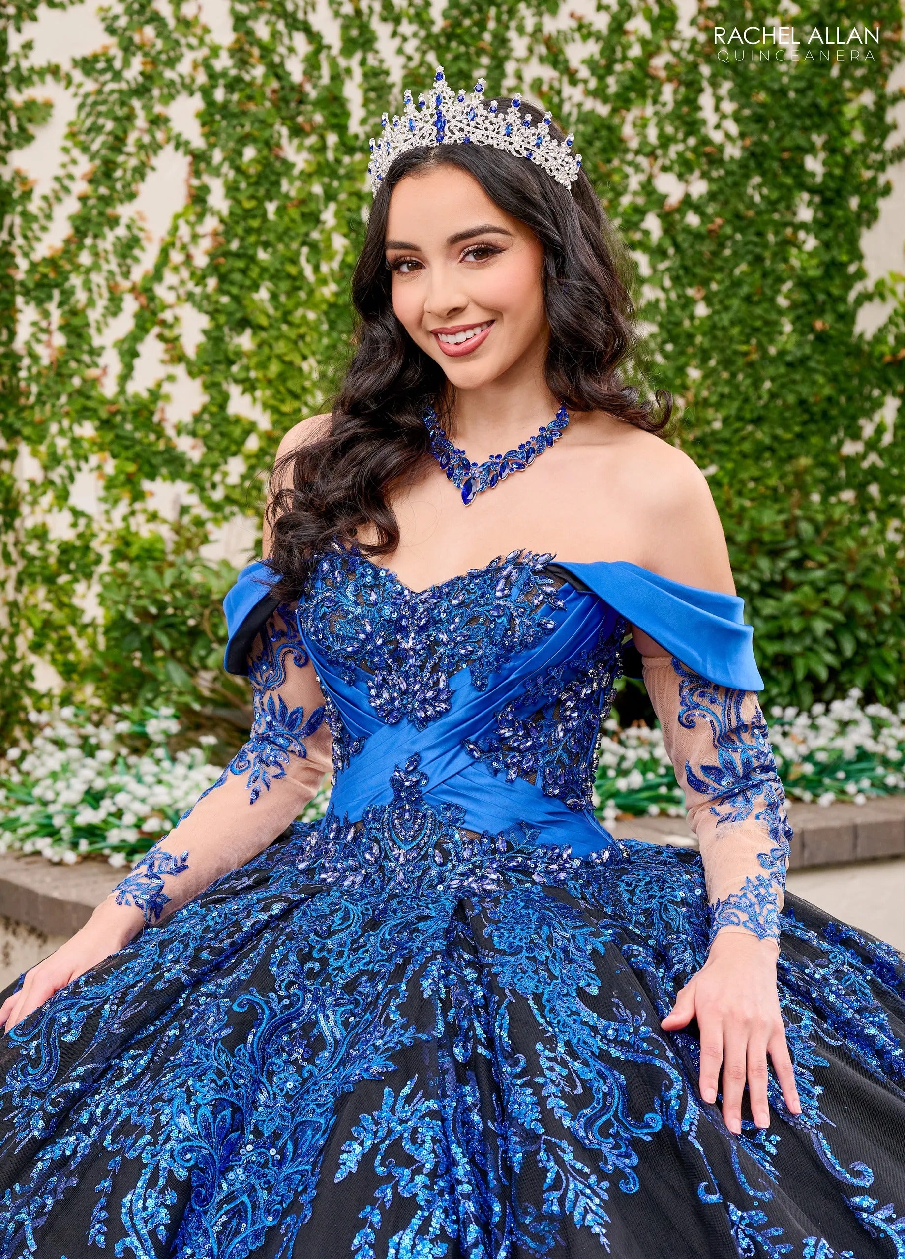 Black Royal Off the Shoulder Floor Length Glitter Tulle Quinceanera Ball Gown with Embroidered Applique Rachel Allan RQ2194