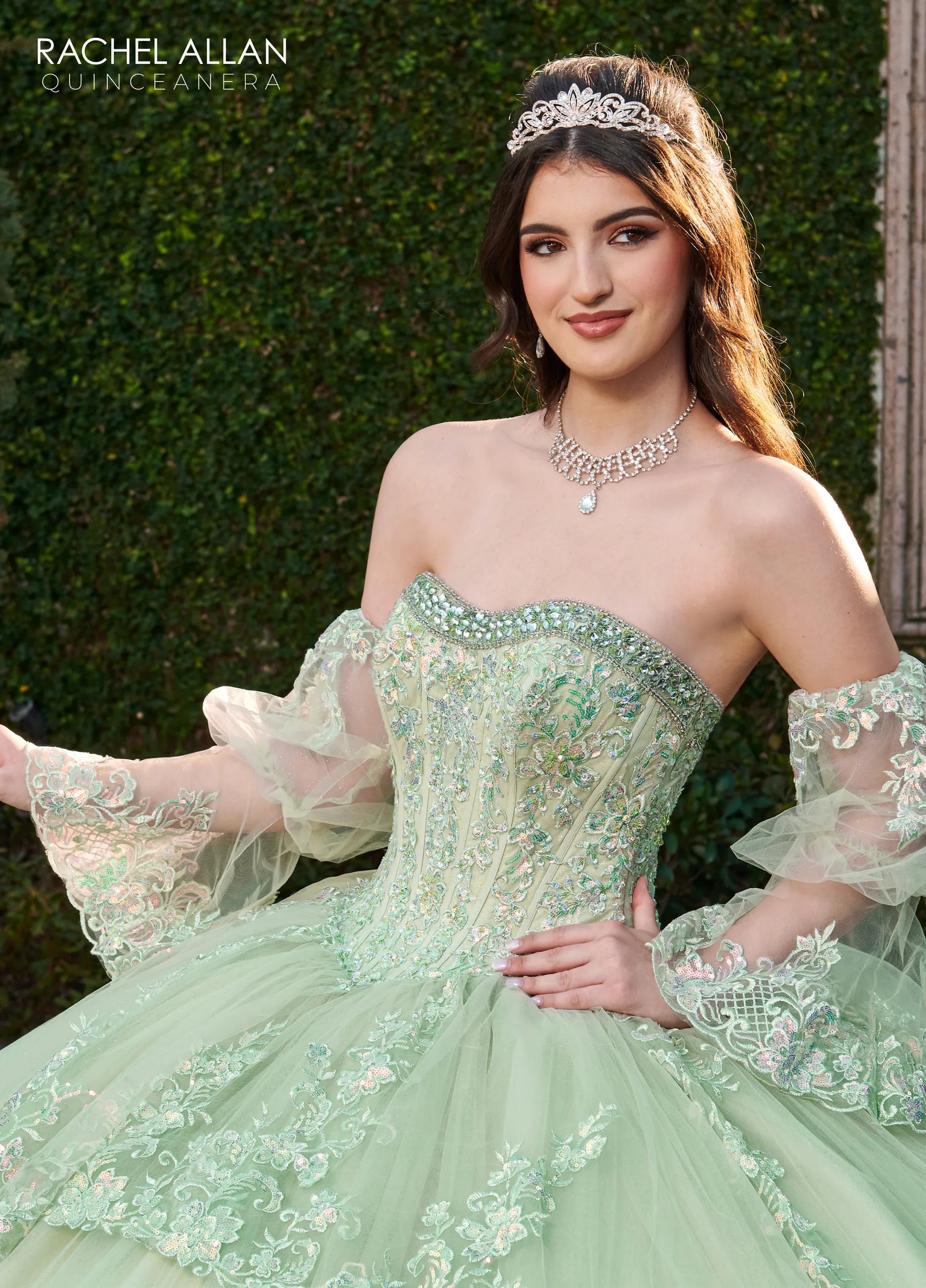 Sage Sweetheart Floor-Length Glitter Tulle Quinceañera Ball Gown with Detachable Puff Sleeve Rachel Allan RQ2178