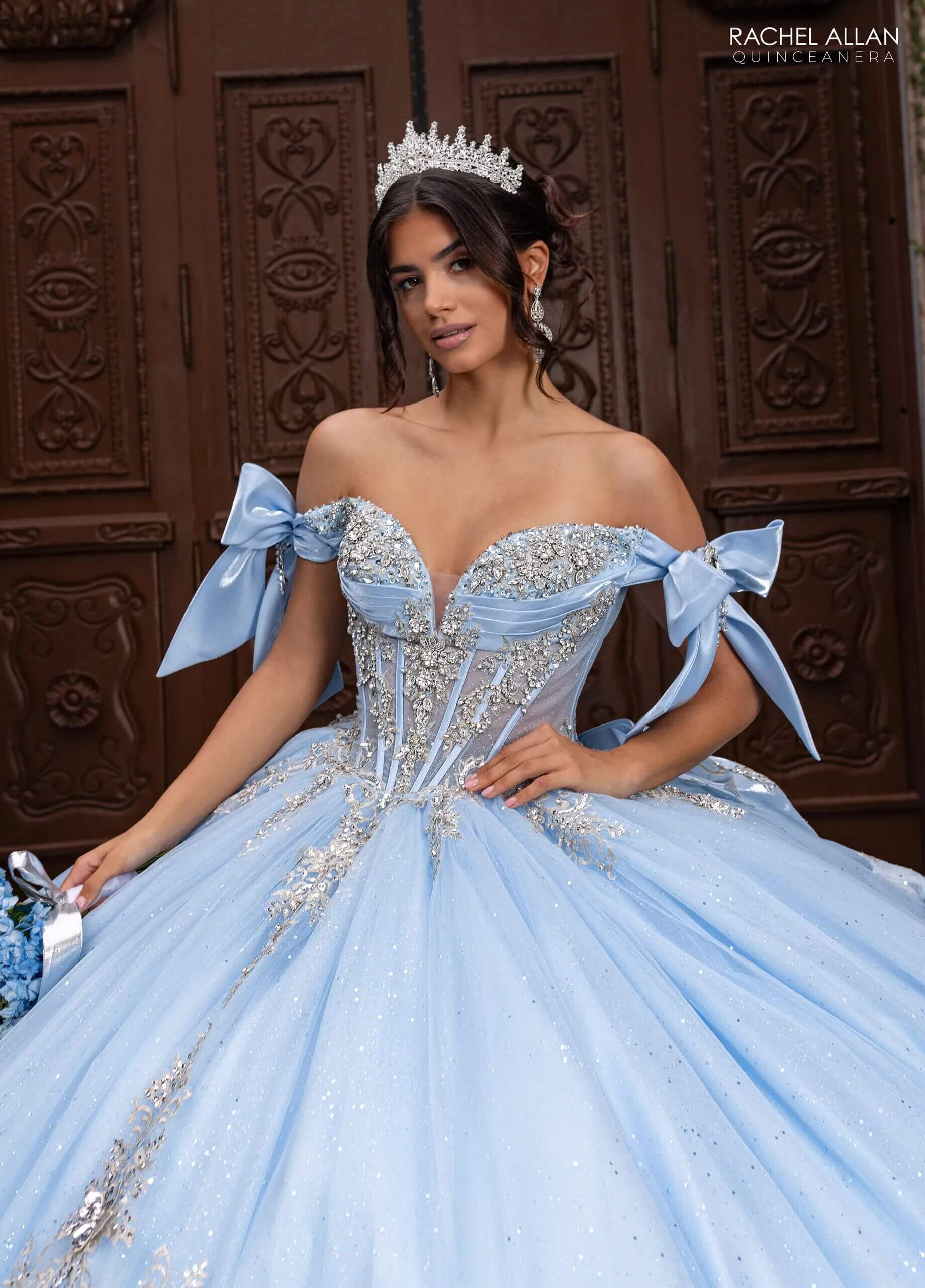 Cloud Blue Silver Off the Shoulder Floor Length Glitter Tulle Quinceanera Ball Gown with 3D Floral Appliques and Detachable Rachel Allan RQ3155