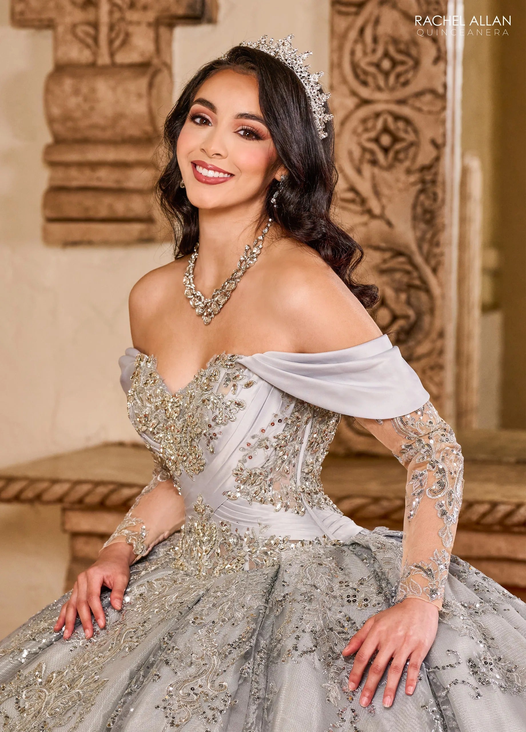 Silver Off the Shoulder Floor Length Glitter Tulle Quinceanera Ball Gown with Embroidered Applique Rachel Allan RQ2194