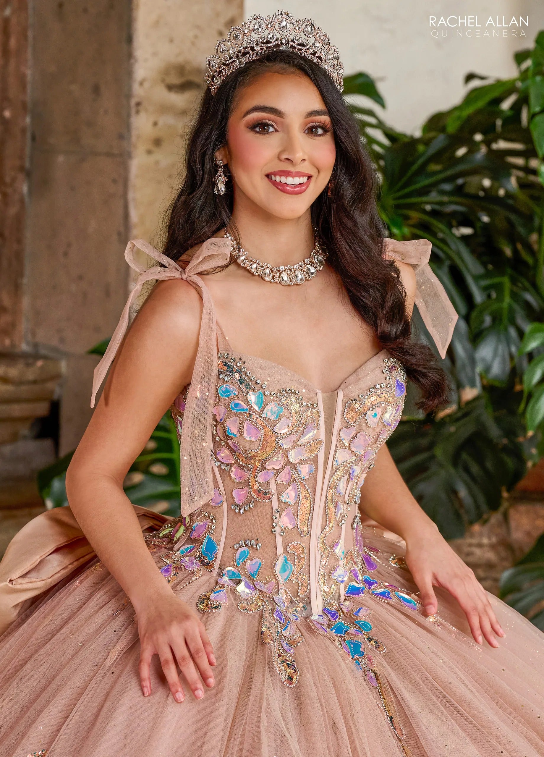 Latte Sweetheart Floor Length Glitter Tulle Quinceanera Ball Gown with Sheer Embroidered Bodice Rachel Allan RQ2203