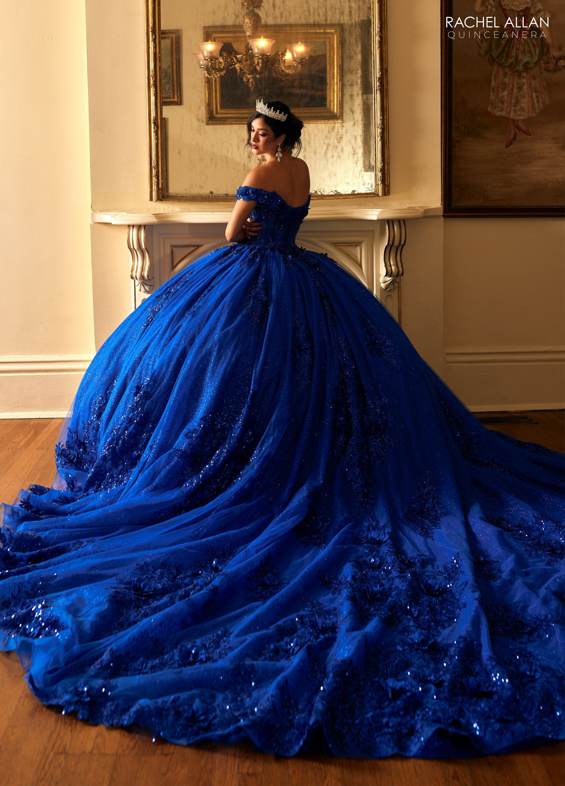 Quinceniera Dresses Long Ball Gown Glitter 3D Floral Quinceanera Dress Royal