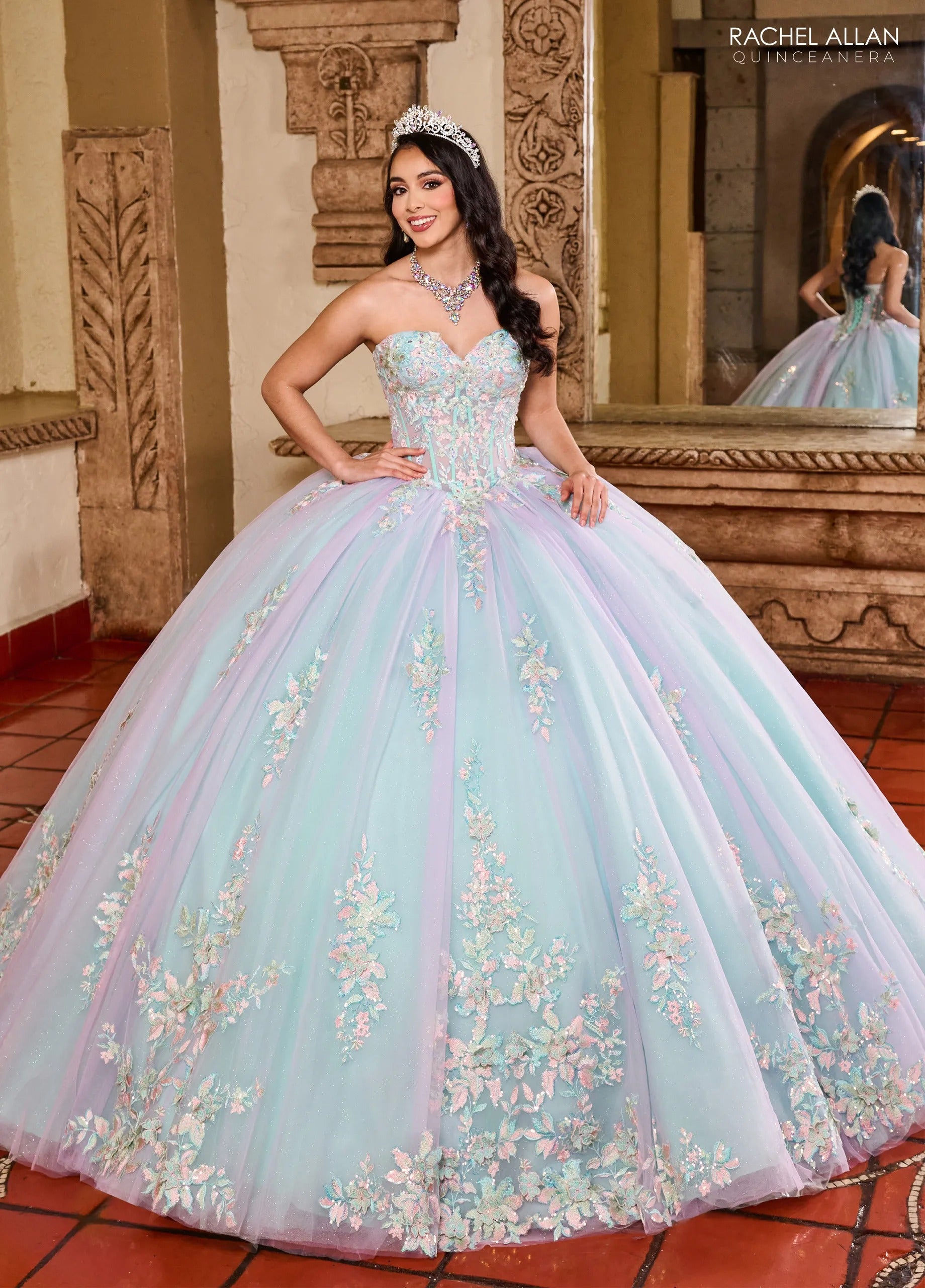 Lilac Aqua Sweetheart Floor Length Glitter Tulle Quinceanera Ball Gown Rachel Allan RQ2200