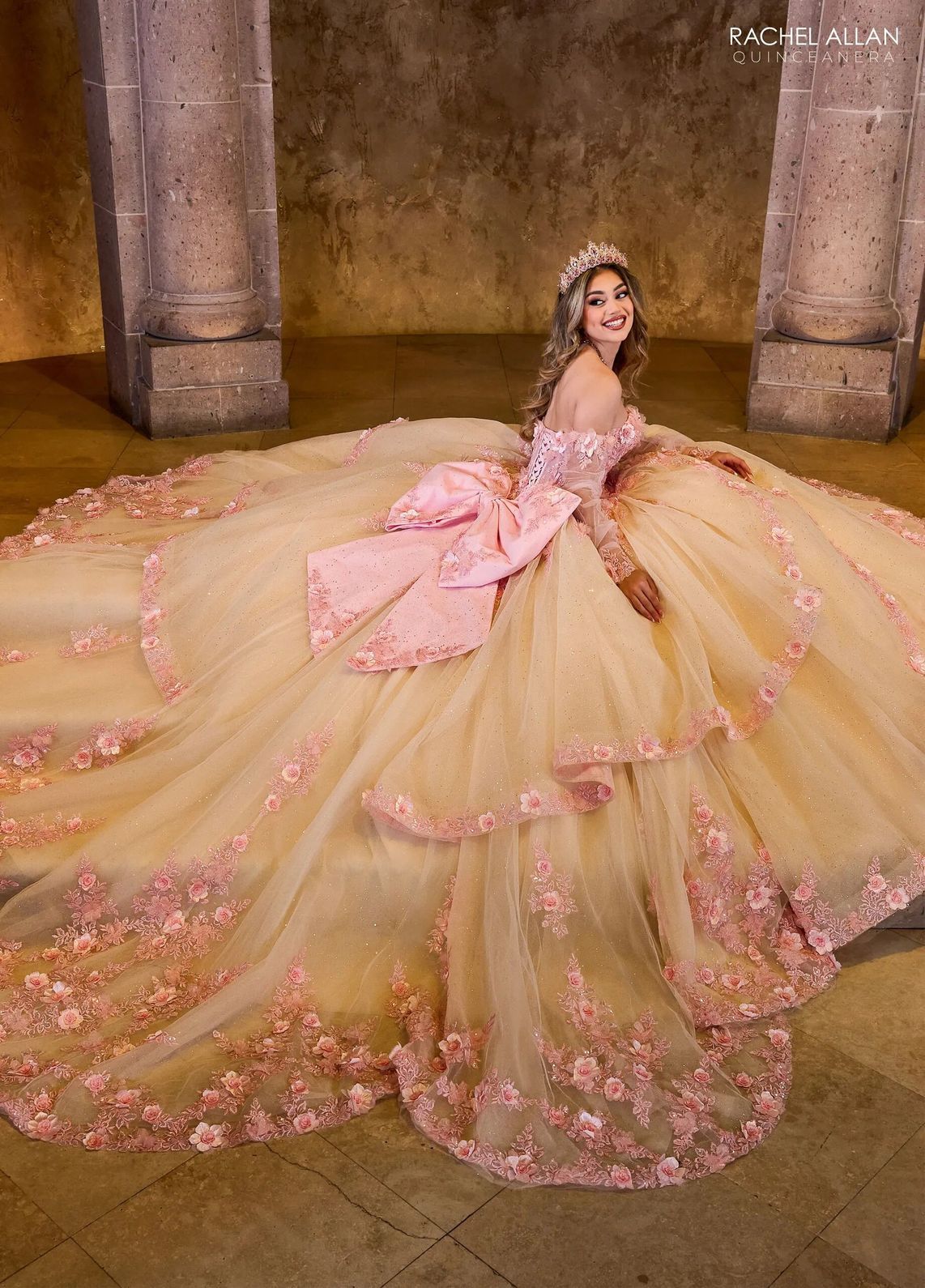 Pink Champagne Off the Shoulder Floor Length Glitter Tulle Quinceanera Ball Gown with Floral Applique Rachel Allan RQ2196