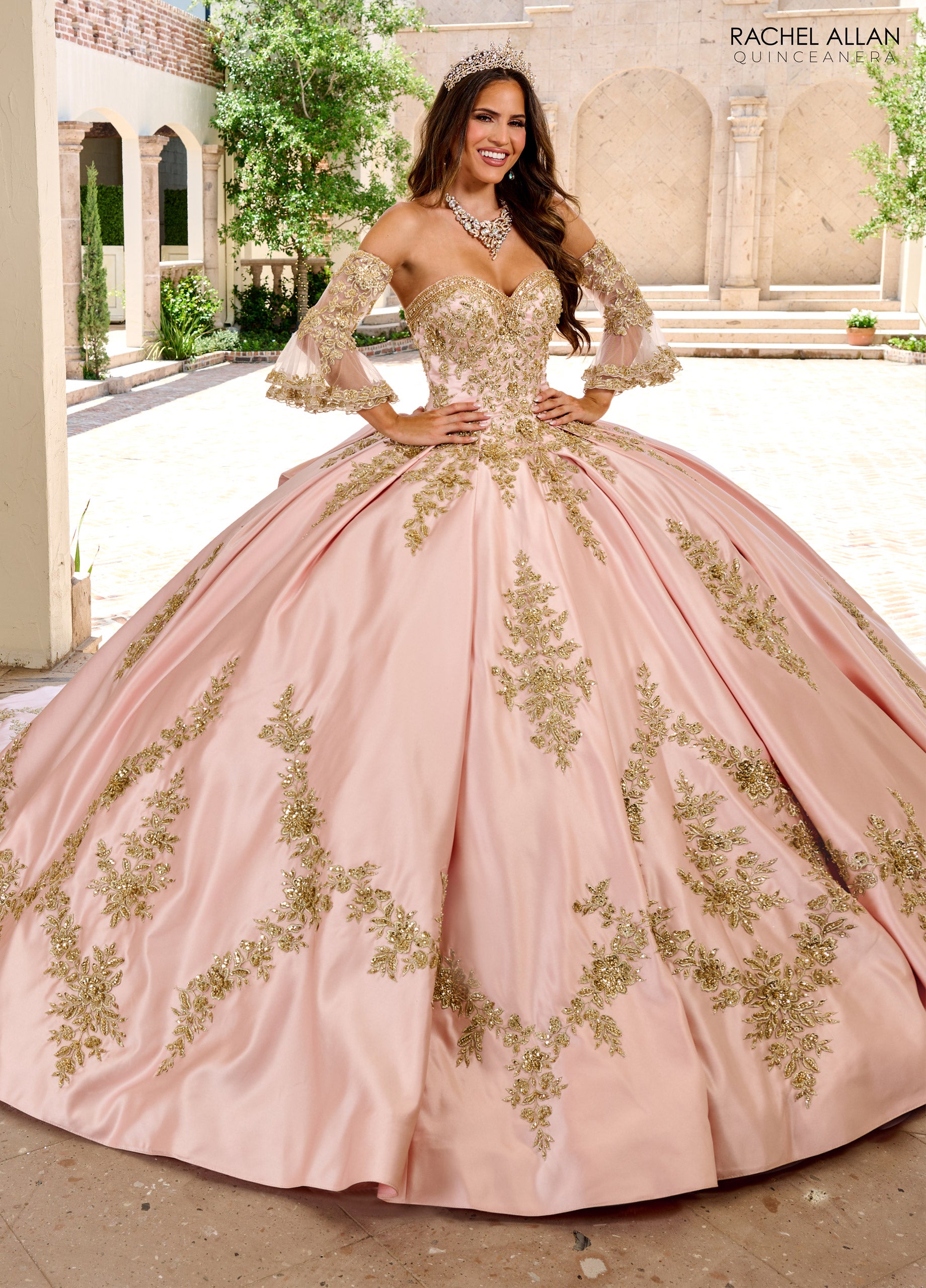 Quinceniera Dresses Beaded Ball Gown Long Quinceanera Dress Rose Pink Gold