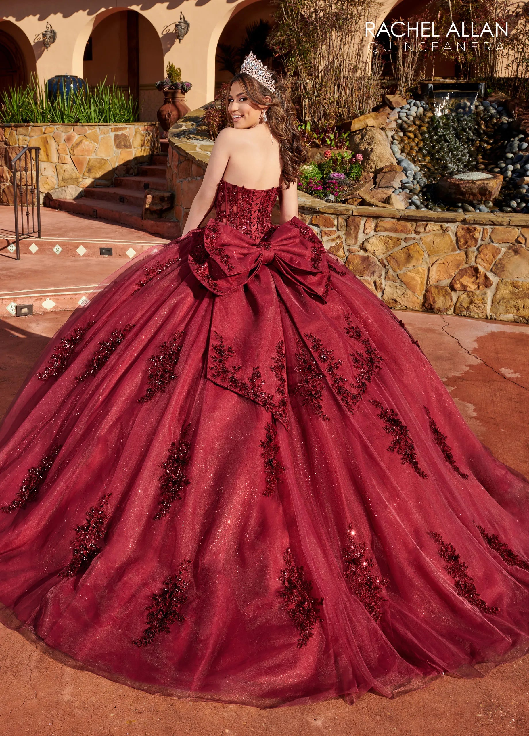 Wine Sweetheart Floor-Length Glitter Tulle Quinceanera Ball Gown with Detachable Feather Sleeves Rachel Allan RQ2171