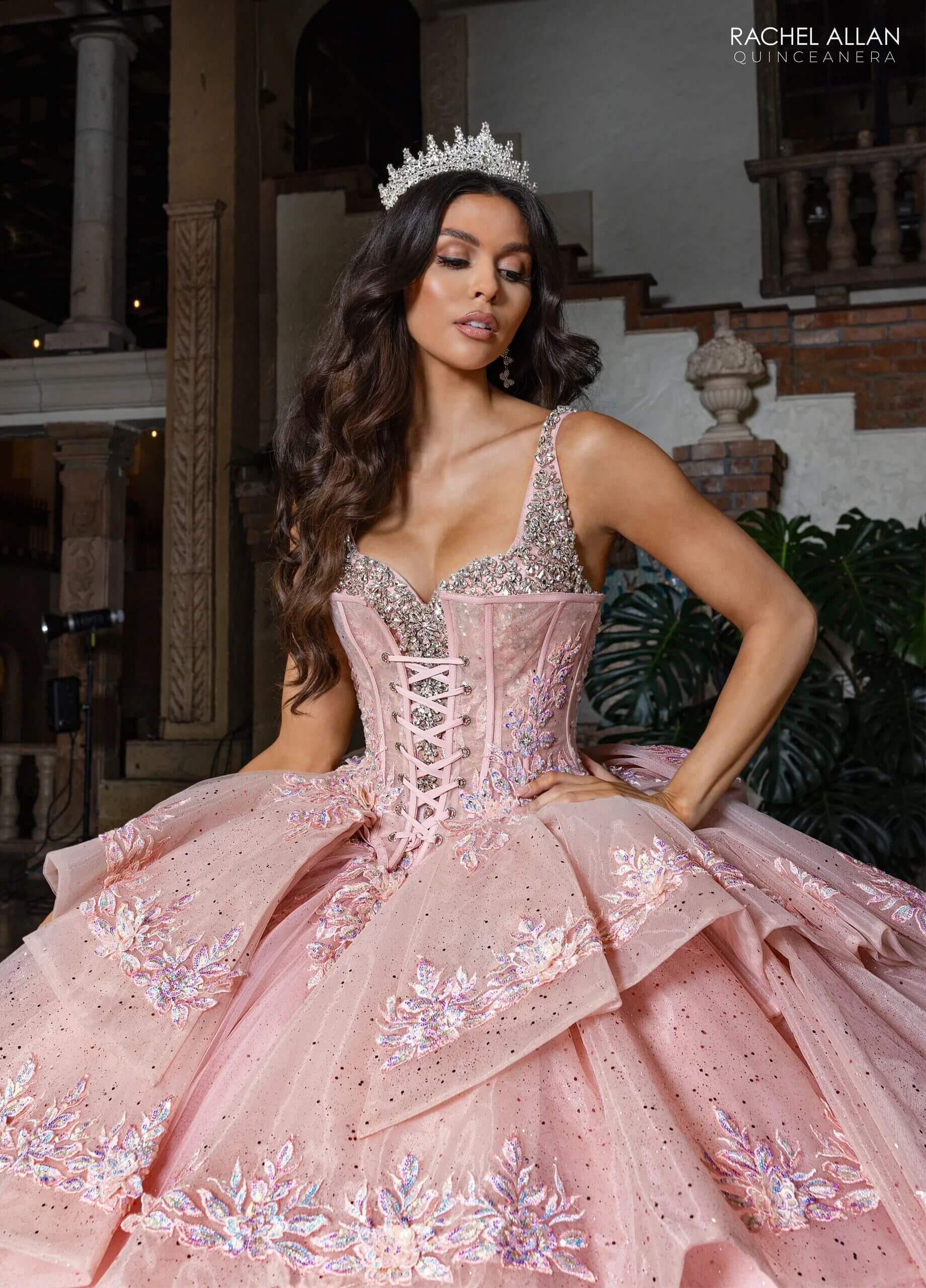 Blush Sweetheart Floor Length Glitter Tulle Quinceanera Ball Gown with Tiered Overskirt and Corset Overlay Rachel Allan RQ3158