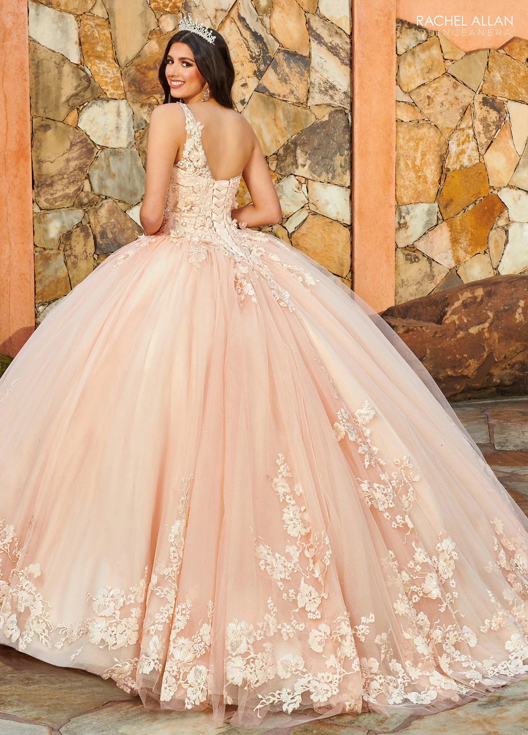 Blush One Shoulder Floor Length Glitter Tulle Quinceanera Ball Gown with Detachable Cape Rachel Allan MQ2152