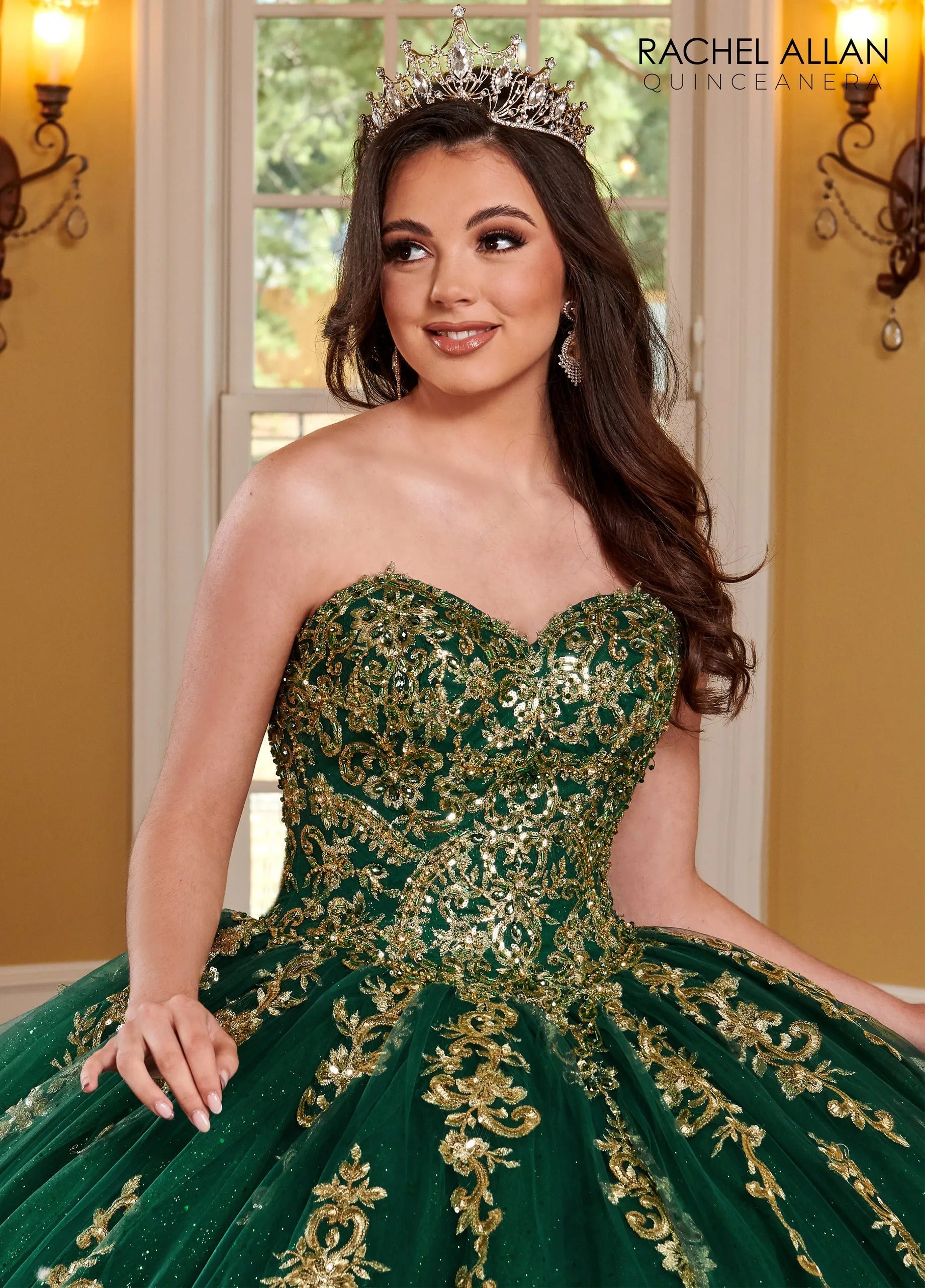Emerald Gold Sweetheart Floor Length Glitter Tulle Quinceanera Ball Gown with Cathedral Train Rachel Allan RQ2170