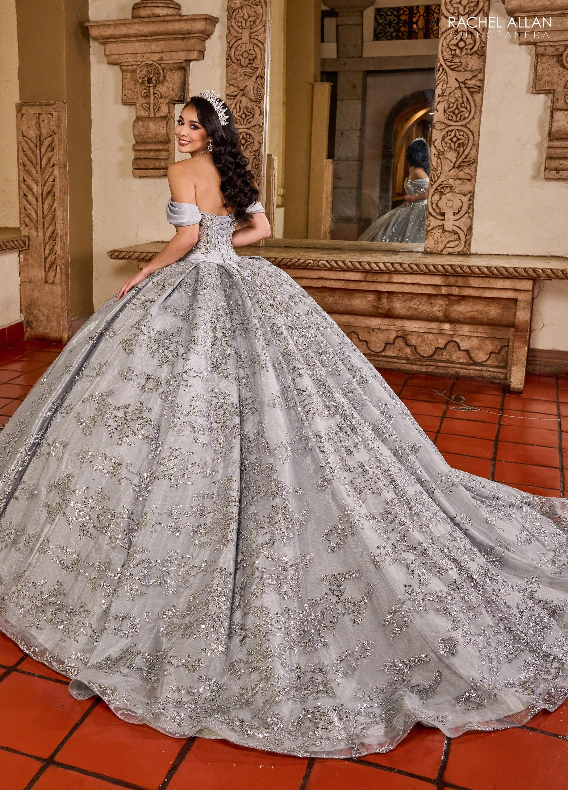 Silver Off the Shoulder Floor Length Glitter Tulle Quinceanera Ball Gown with Embroidered Applique Rachel Allan RQ2194