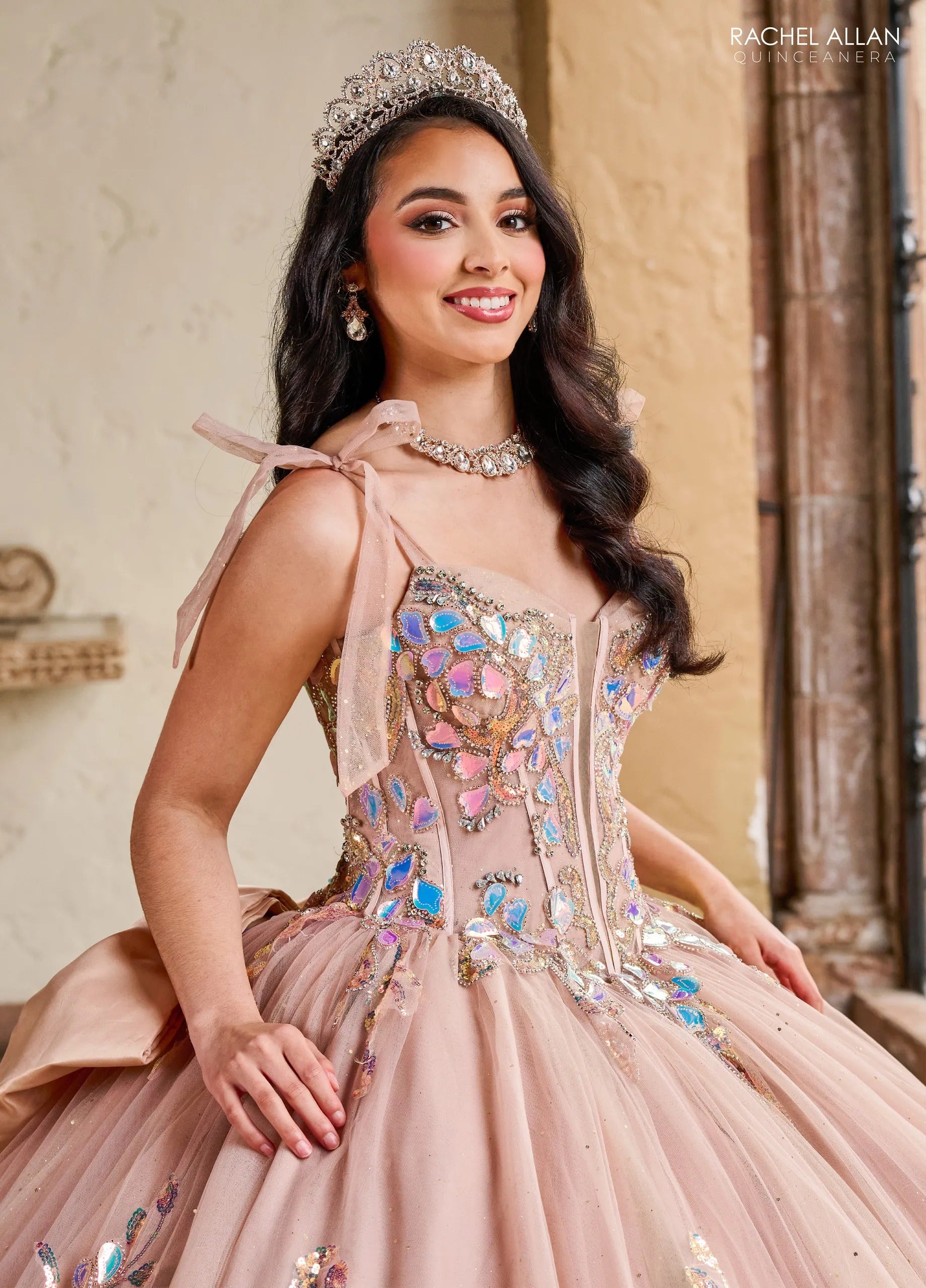 Latte Sweetheart Floor Length Glitter Tulle Quinceanera Ball Gown with Sheer Embroidered Bodice Rachel Allan RQ2203