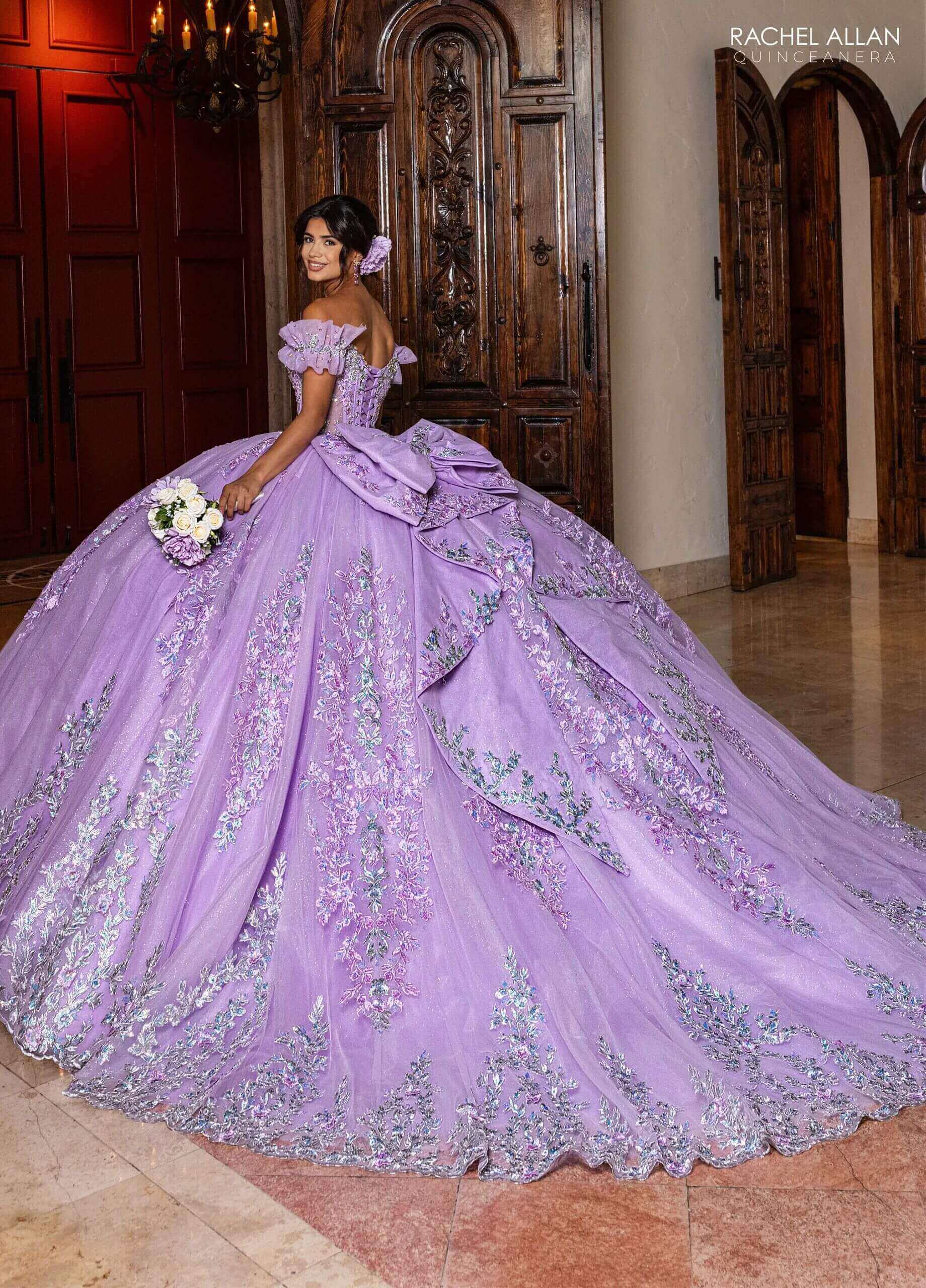 Lilac Sweetheart Off the Shoulder Floor Length Glitter Tulle Quinceanera Ball Gown Rachel Allan RQ2240