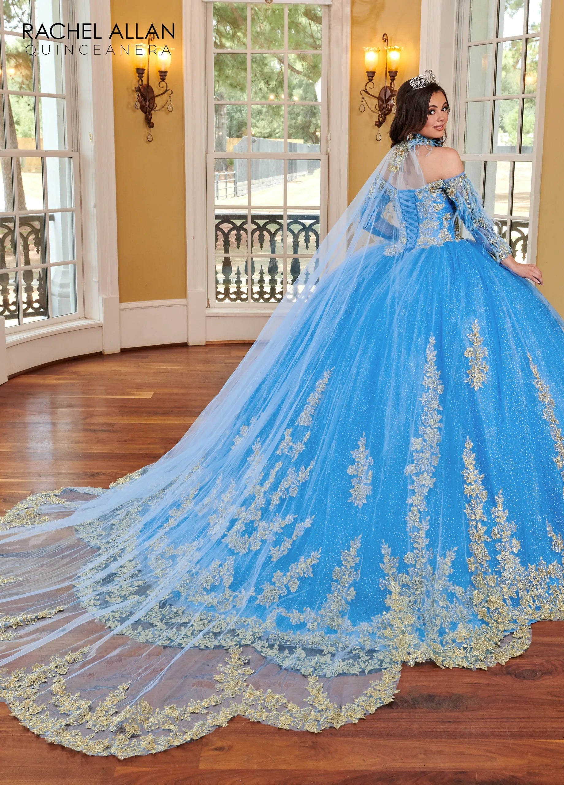 Azure Gold Sweetheart Floor Length Glitter Tulle Quinceanera Ball Gown with Feather Cape Rachel Allan RQ2167