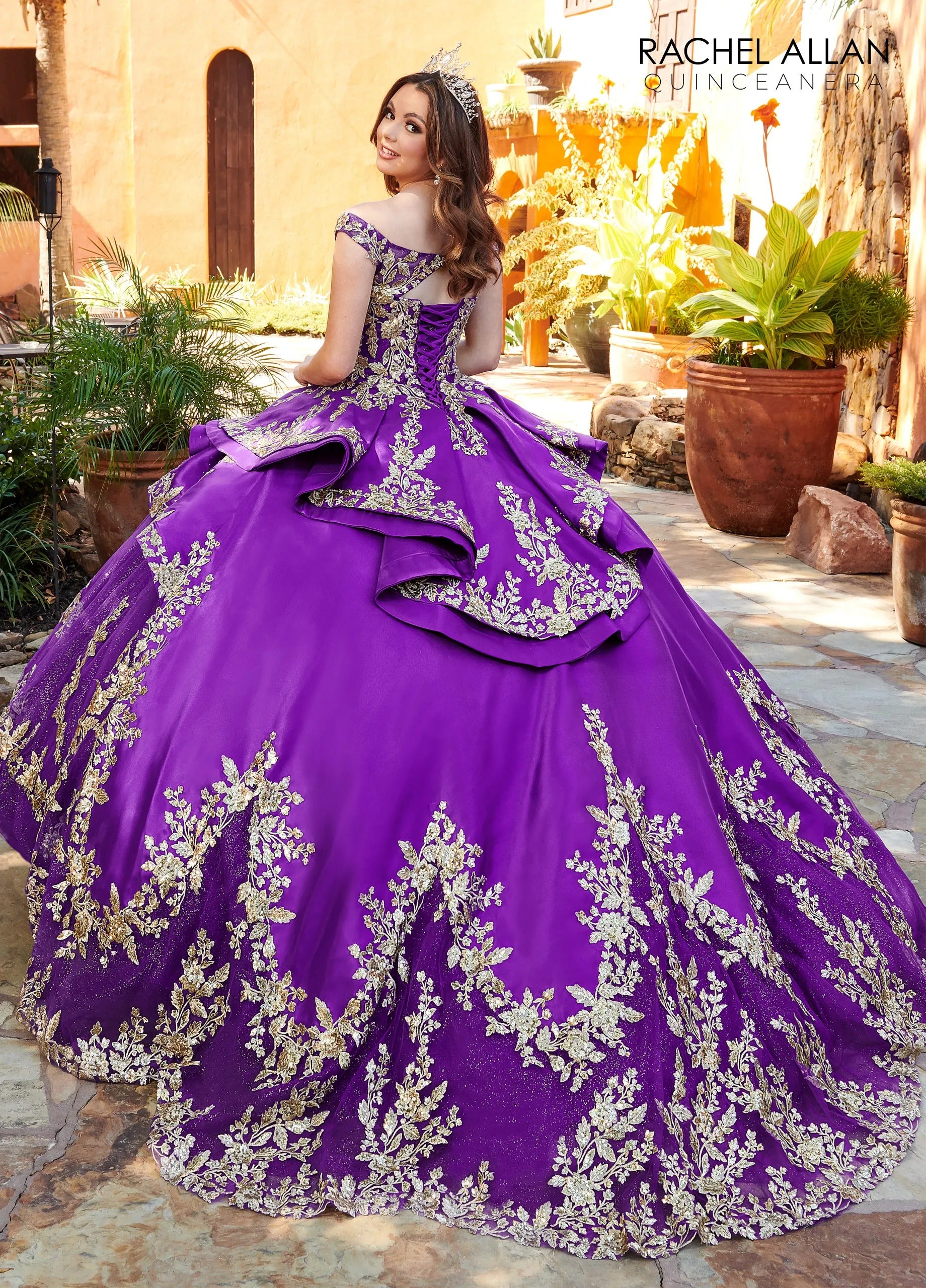 Purple Gold Off the Shoulder Floor Length Glitter Tulle Quinceanera Ball Gown with Mikado Skirt Rachel Allan RQ2162