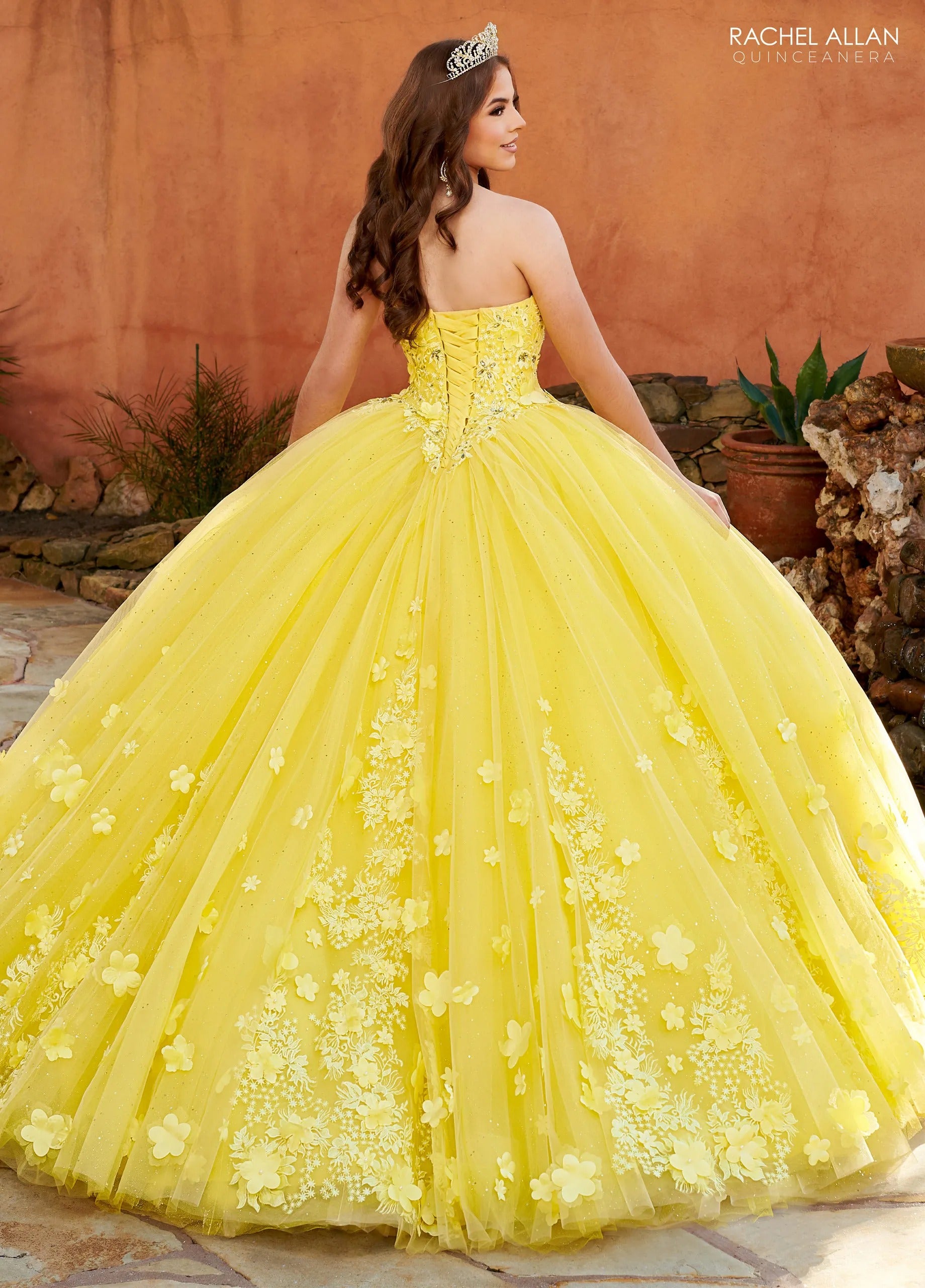 Yellow Sweetheart Floor Length Tulle Quinceanera Ball Gown with 3D Flowers and Puff Sleeves Rachel Allan MQ2159
