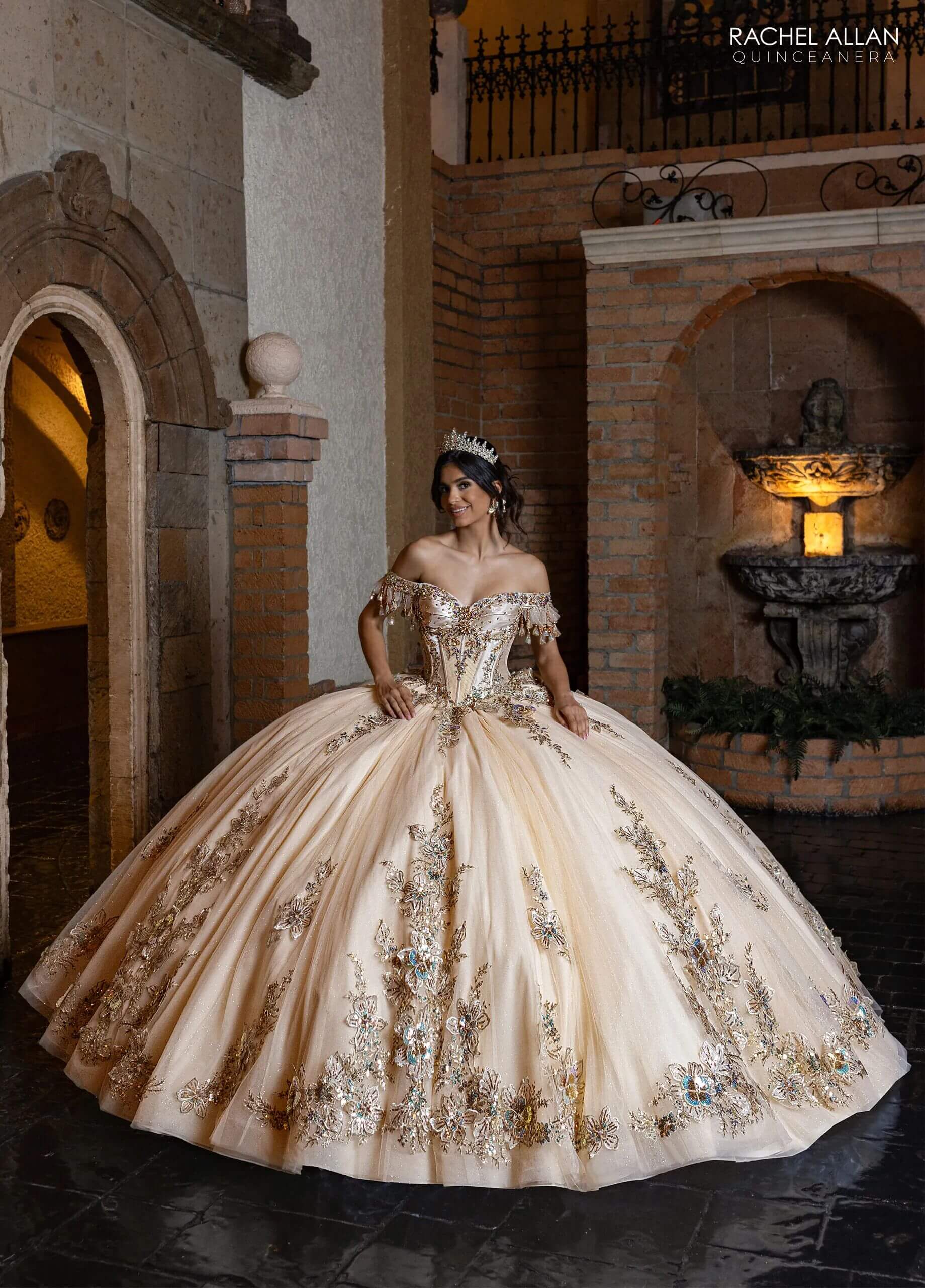 Champagne Gold Off the Shoulder Floor Length Glitter Tulle Quinceanera Ball Gown with Detachable Necklace and Bodice Liner Rachel Allan RQ2228