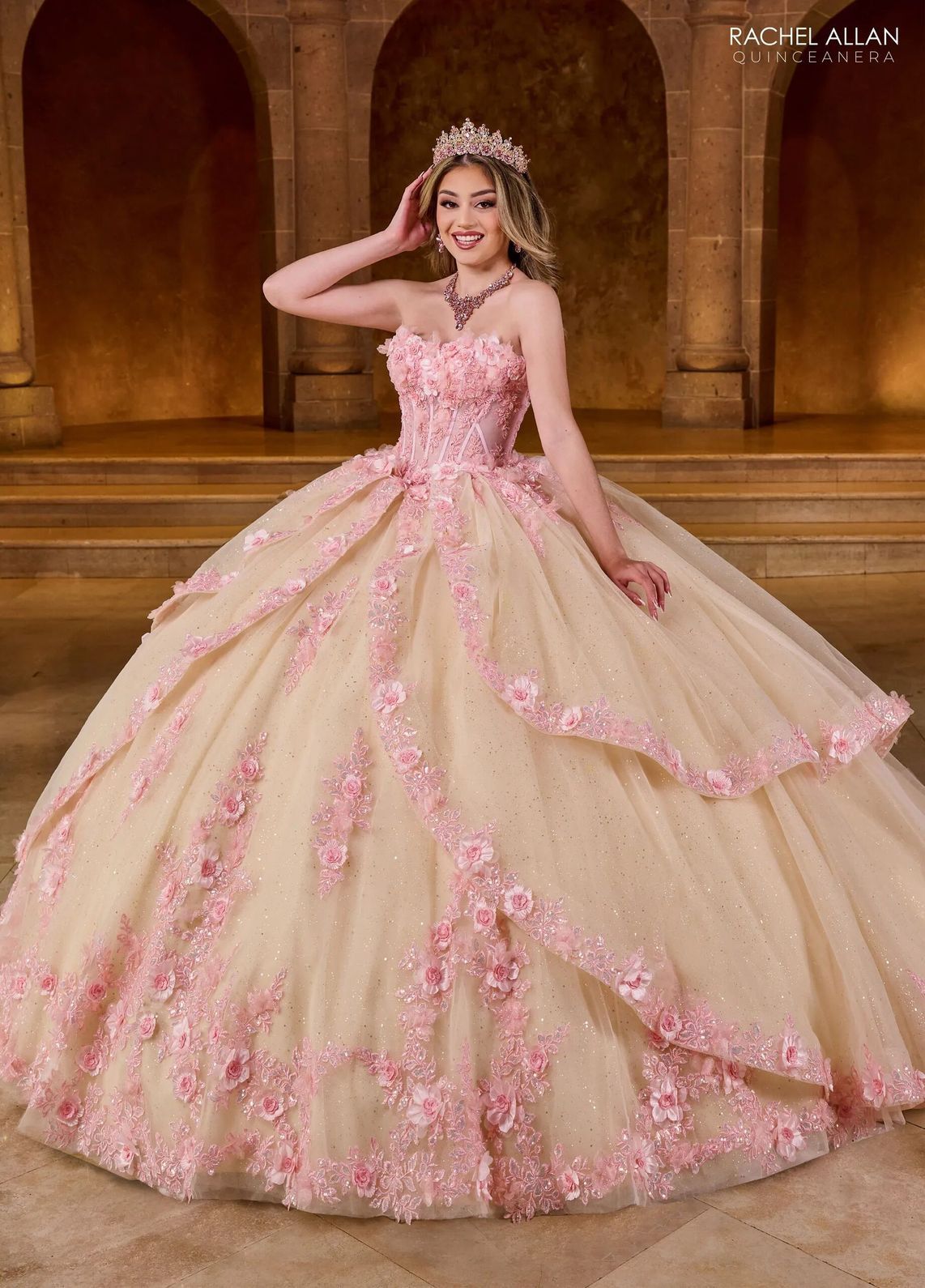 Pink Champagne Off the Shoulder Floor Length Glitter Tulle Quinceanera Ball Gown with Floral Applique Rachel Allan RQ2196