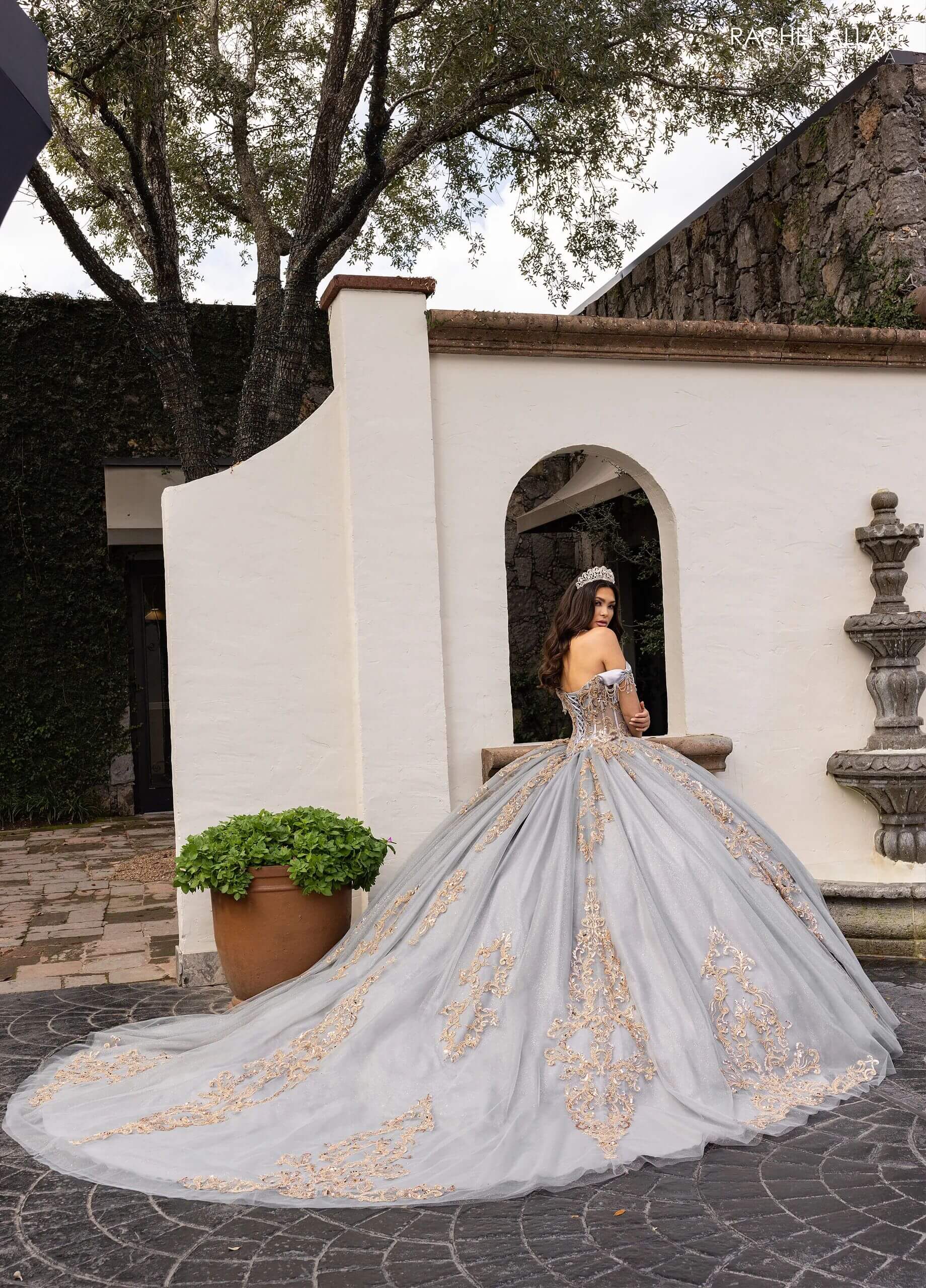 Silver Rose Gold Off the Shoulder Floor Length Glitter Tulle Quinceanera Ball Gown with Regal Applique Detachable Necklace and Bodice Liner Rachel Allan RQ2230