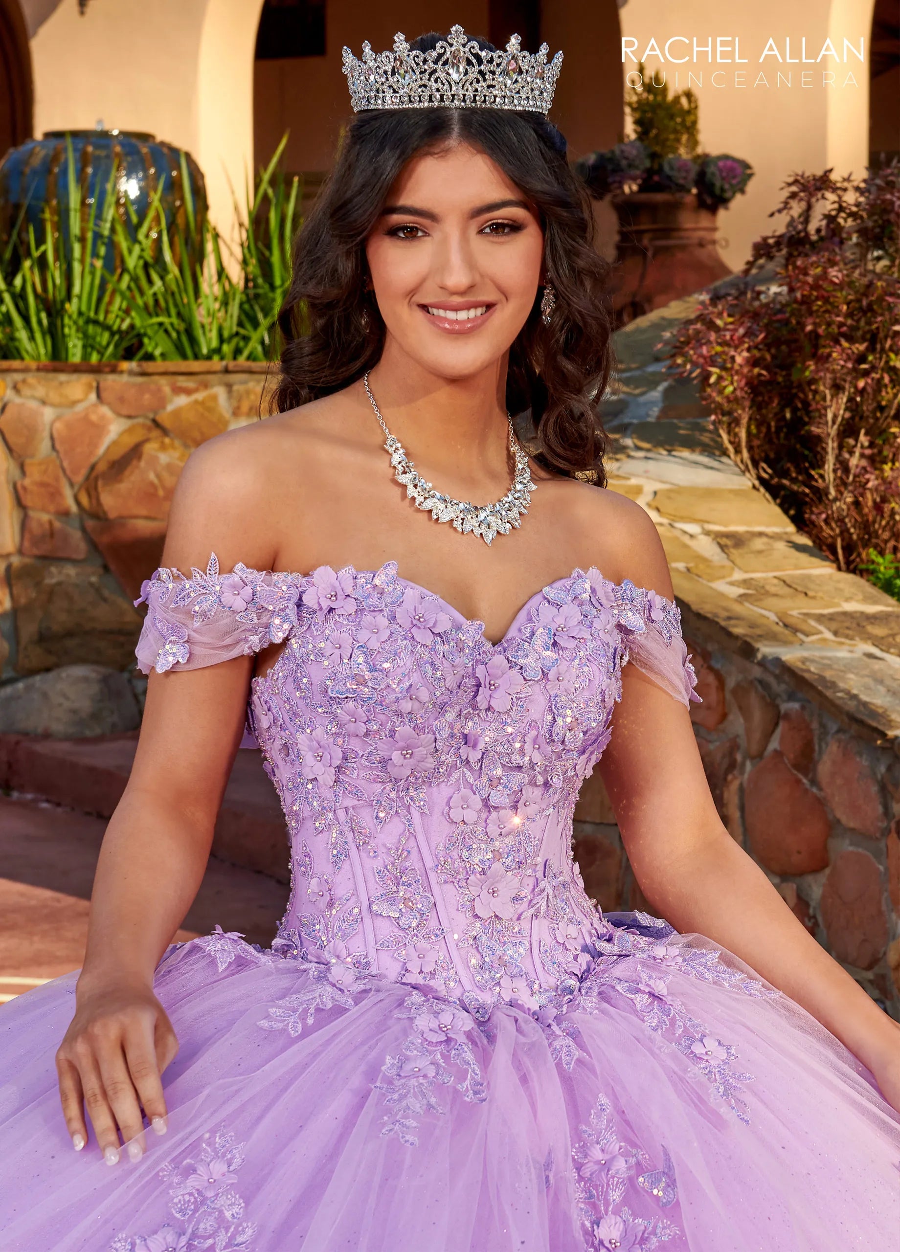 Lilac Off-the-Shoulder Floor-Length Glitter Tulle Quinceanera Ball Gown with Sweetheart Corset Bodice Rachel Allan RQ2179