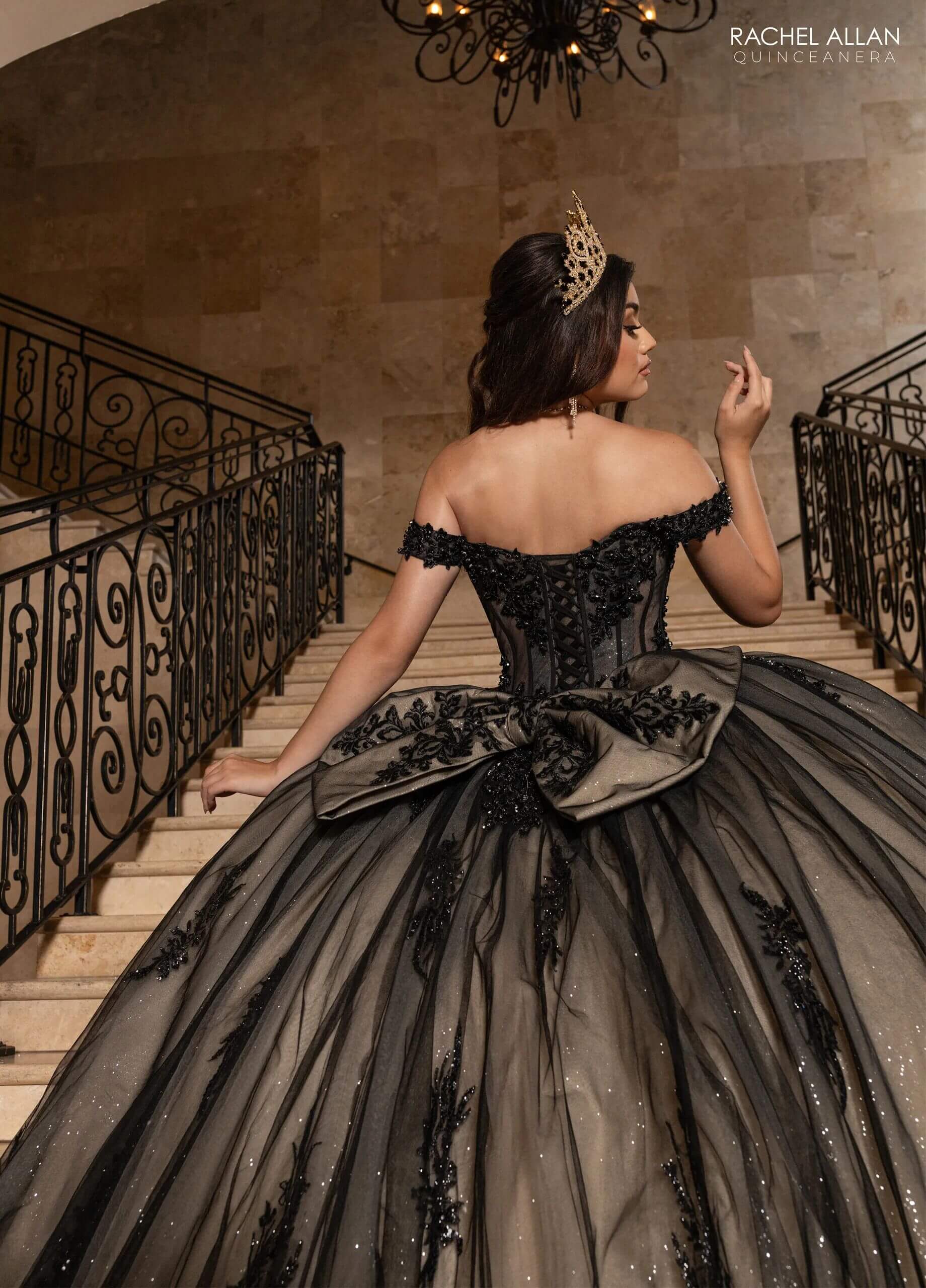 Black Champagne Off the Shoulder Floor Length Glitter Tulle Quinceanera Ball Gown Rachel Allan RQ2247