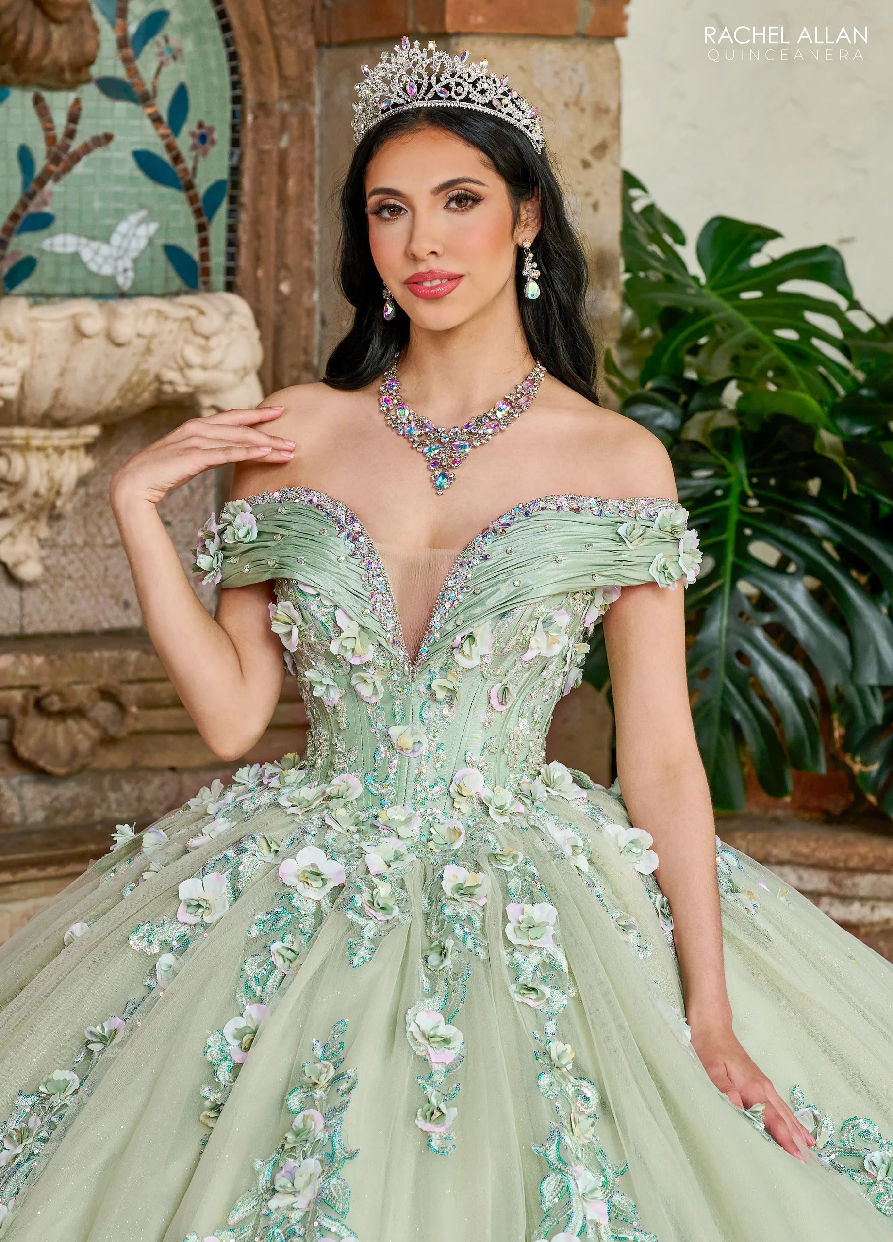 Sage Off the Shoulder Floor Length Taffeta Quinceanera Ball Gown with Floral Embroidery Rachel Allan RQ2204
