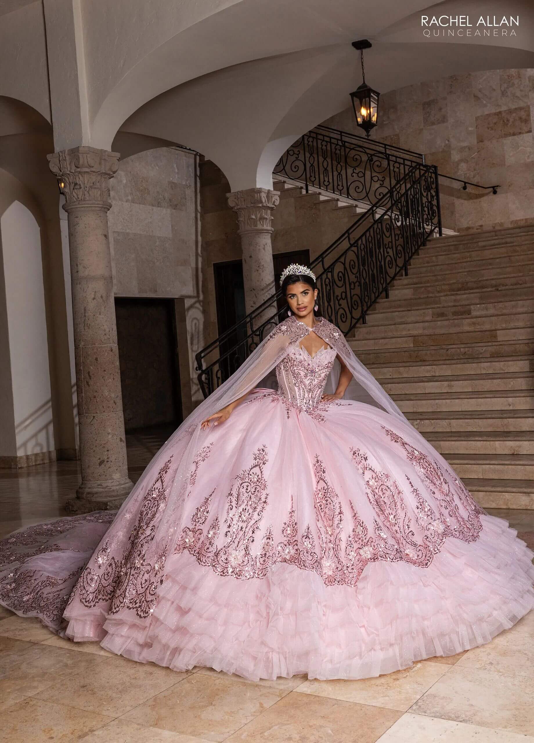 Light Pink Off the Shoulder Floor Length Glitter Tulle Quinceanera Ruffle Hem Ball Gown Rachel Allan RQ2243