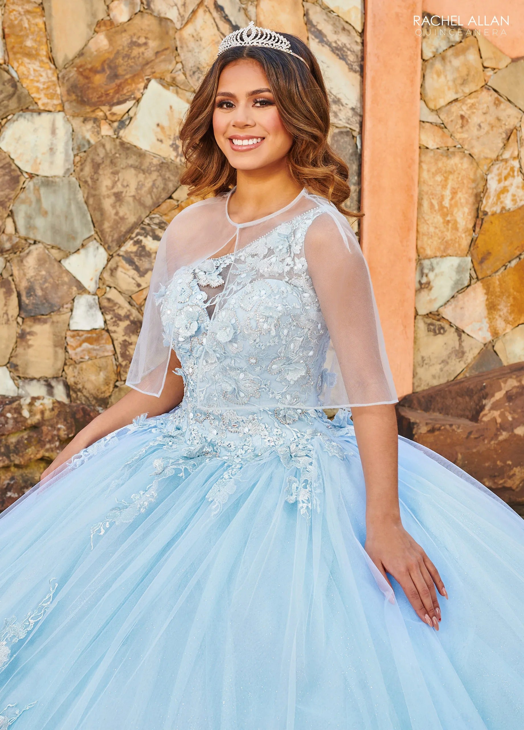 Light Blue One Shoulder Floor Length Glitter Tulle Quinceanera Ball Gown with Detachable Cape Rachel Allan MQ2152