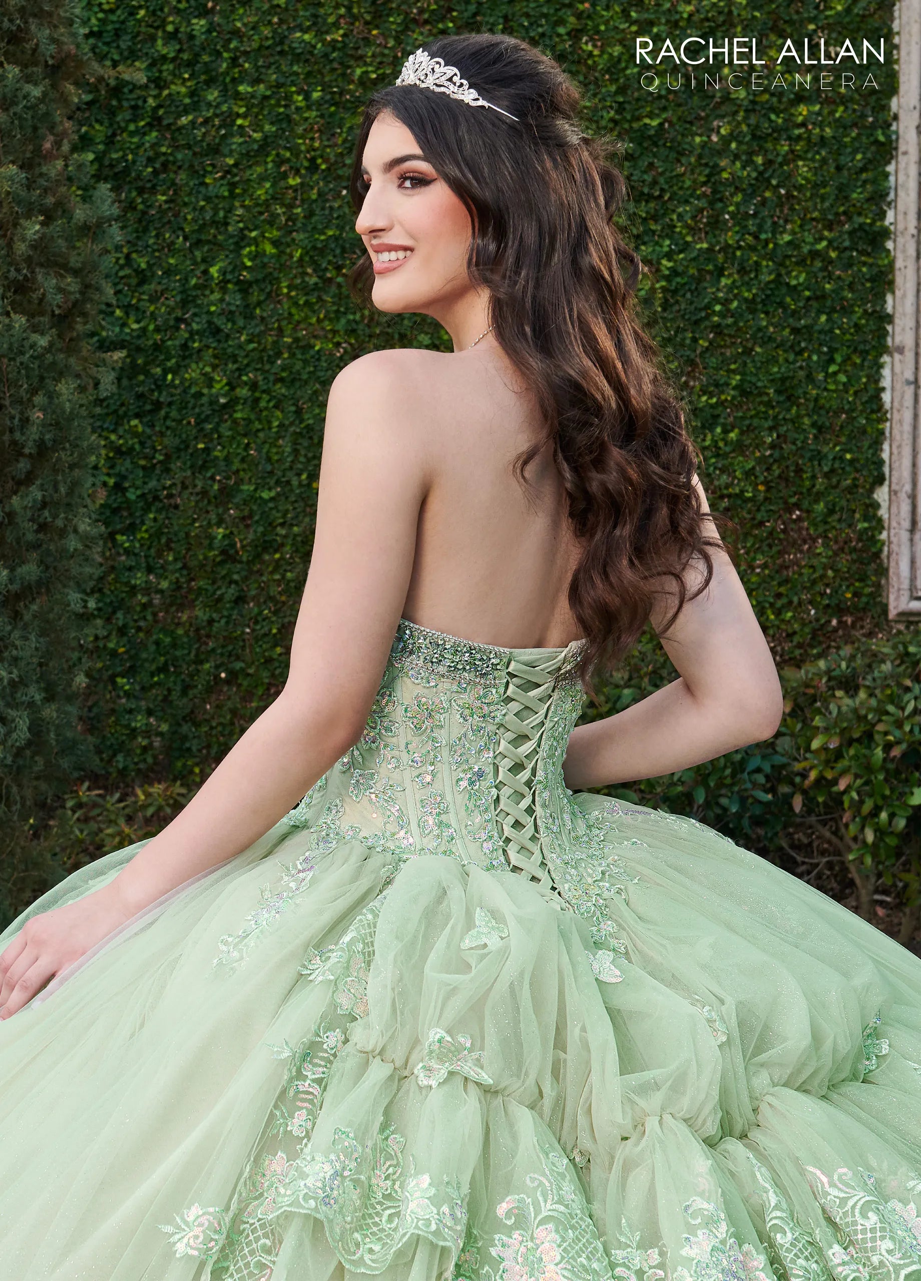 Sage Sweetheart Floor-Length Glitter Tulle Quinceañera Ball Gown with Detachable Puff Sleeve Rachel Allan RQ2178