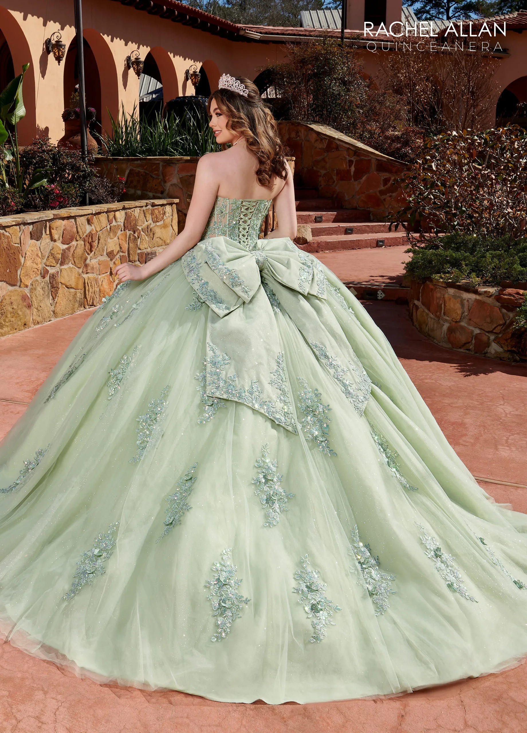 Sage Sweetheart Floor-Length Glitter Tulle Quinceanera Ball Gown with Detachable Feather Sleeves Rachel Allan RQ2171