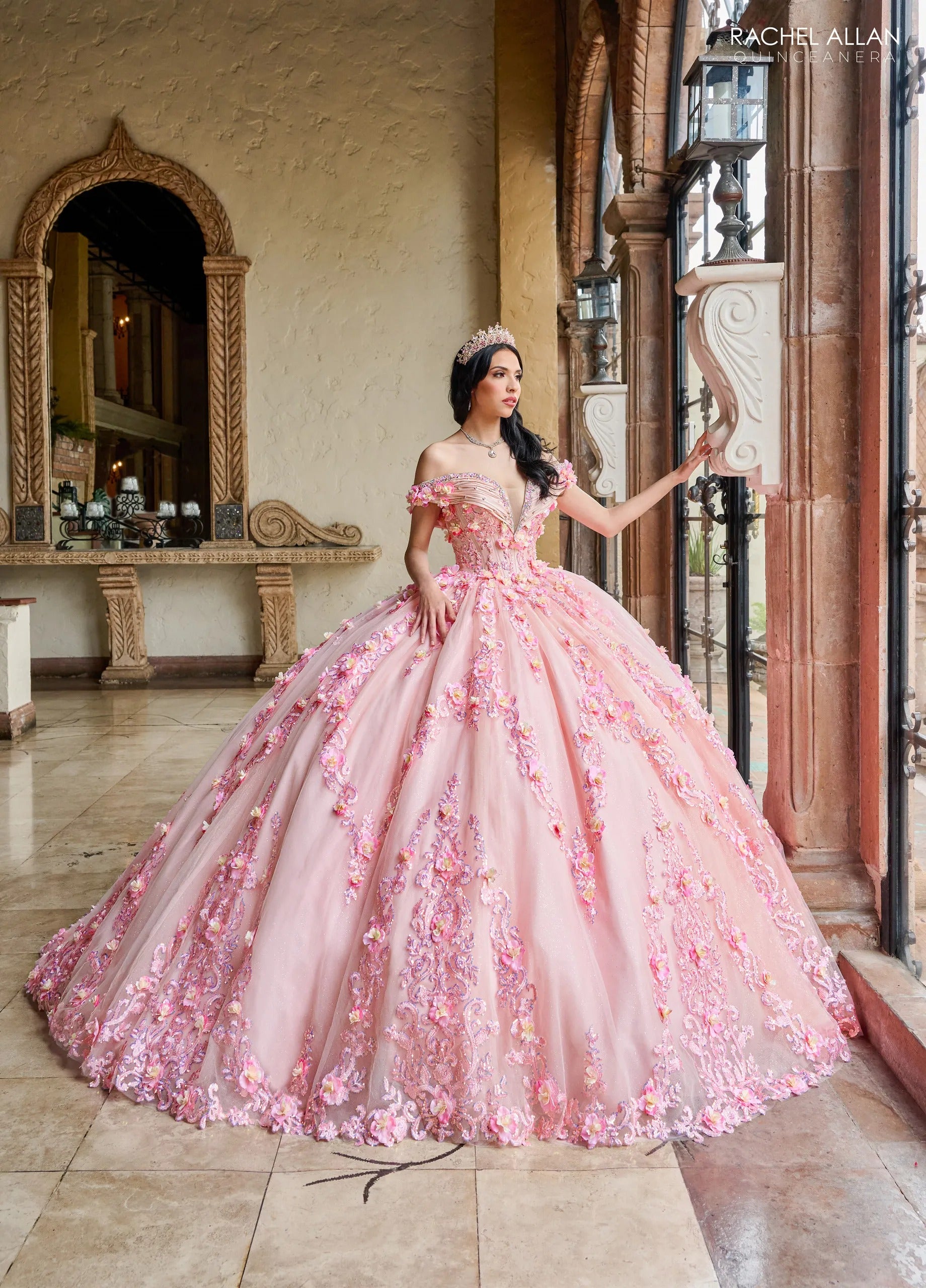 Blush Off the Shoulder Floor Length Taffeta Quinceanera Ball Gown with Floral Embroidery Rachel Allan RQ2204