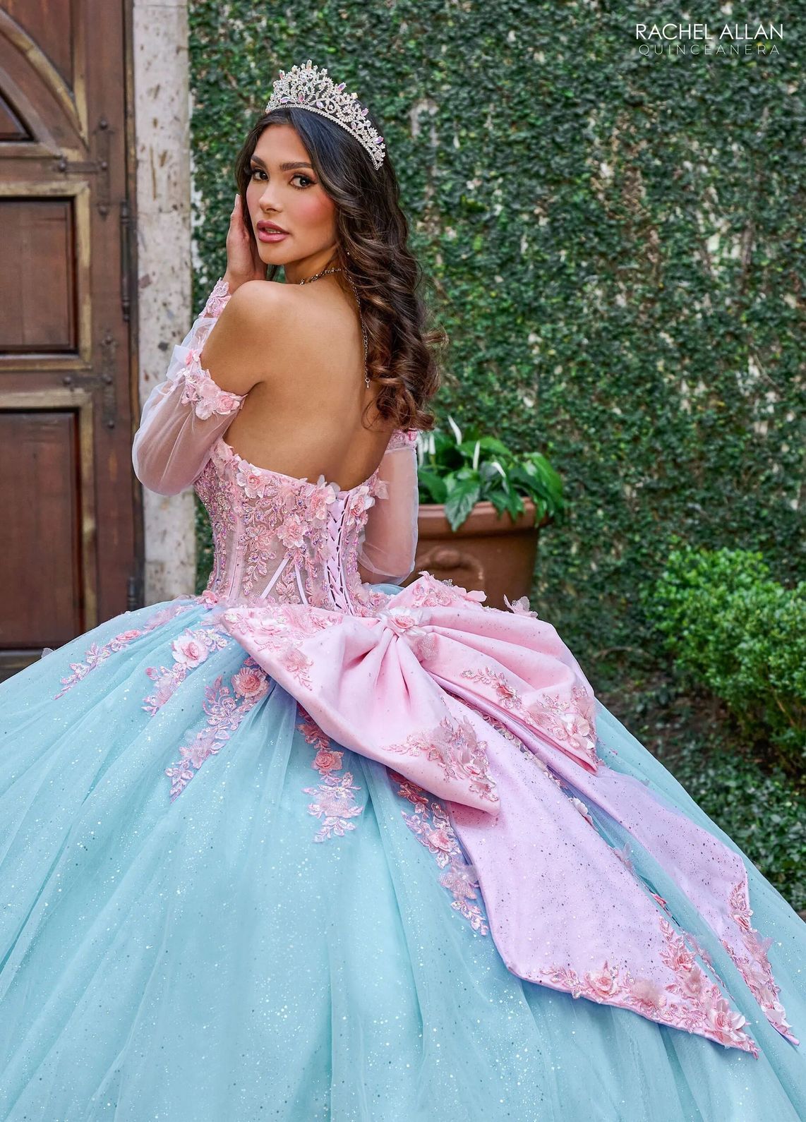 Pink Light Blue Off the Shoulder Floor Length Glitter Tulle Quinceanera Ball Gown with Floral Applique Rachel Allan RQ2196