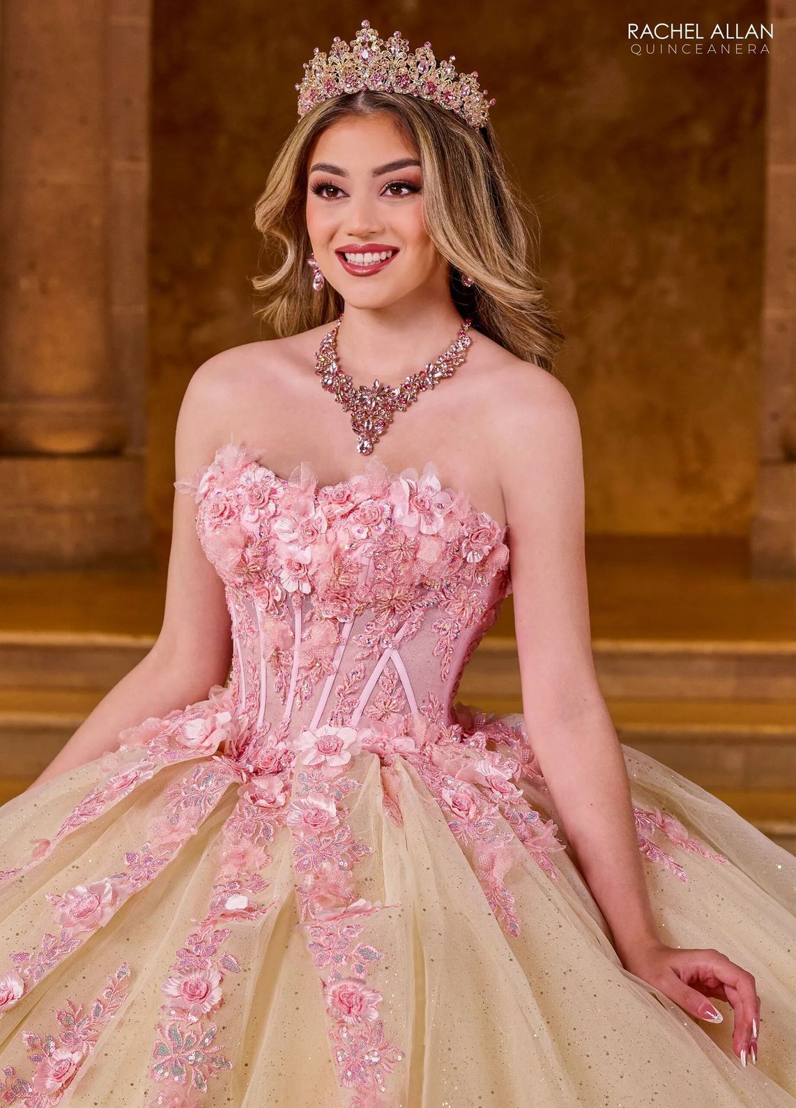 Pink Champagne Off the Shoulder Floor Length Glitter Tulle Quinceanera Ball Gown with Floral Applique Rachel Allan RQ2196